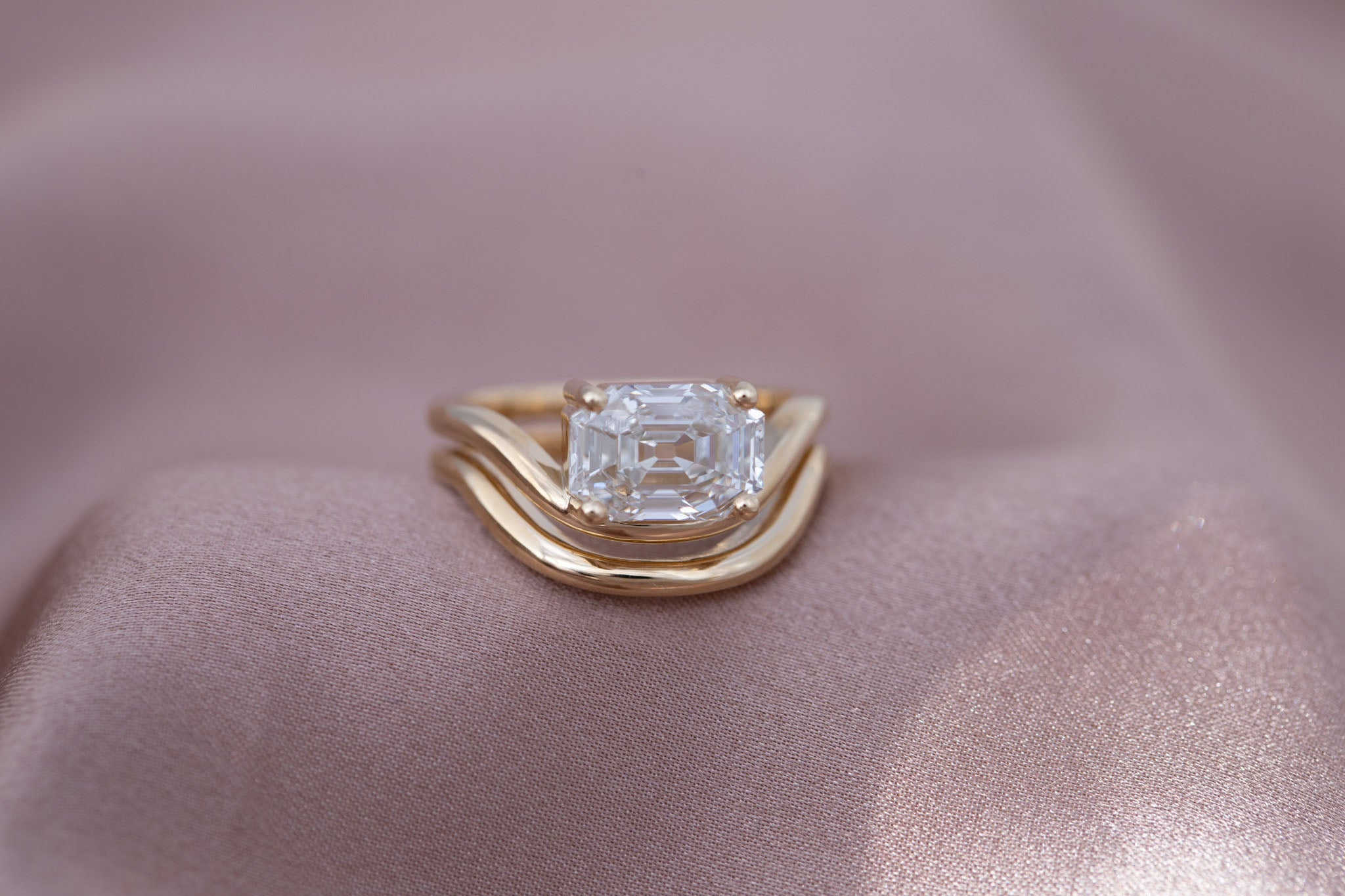 Hayes Ring | Lab Emerald Cut Solitaire + Double Curved Band Engagement Ring 2.59 ct | 14k Recycled Gold | One of a Kind