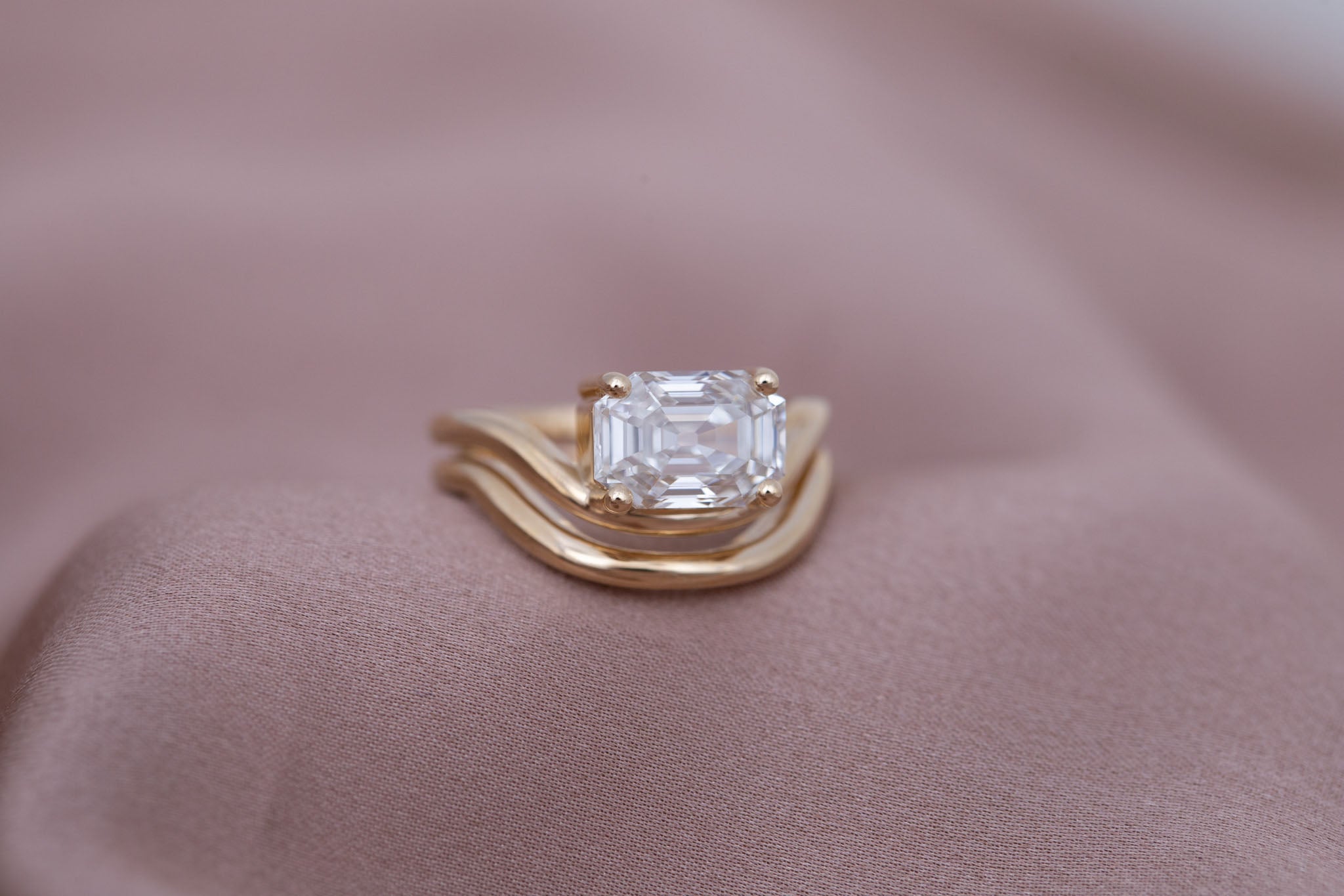 Hayes Ring | Lab Emerald Cut Solitaire + Double Curved Band Engagement Ring 2.59 ct | 14k Recycled Gold | One of a Kind