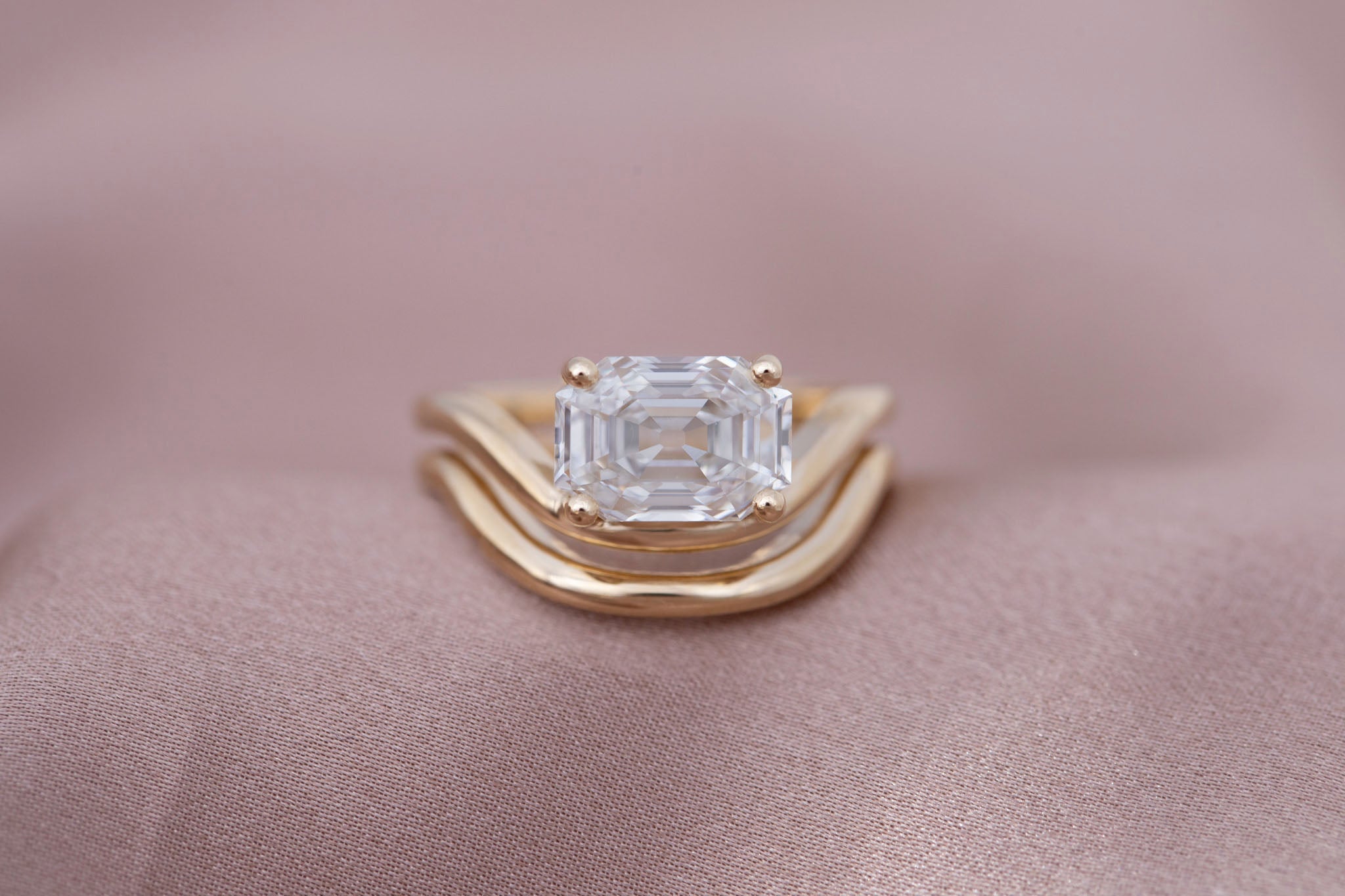 Hayes Ring | Lab Emerald Cut Solitaire + Double Curved Band Engagement Ring 2.59 ct | 14k Recycled Gold | One of a Kind