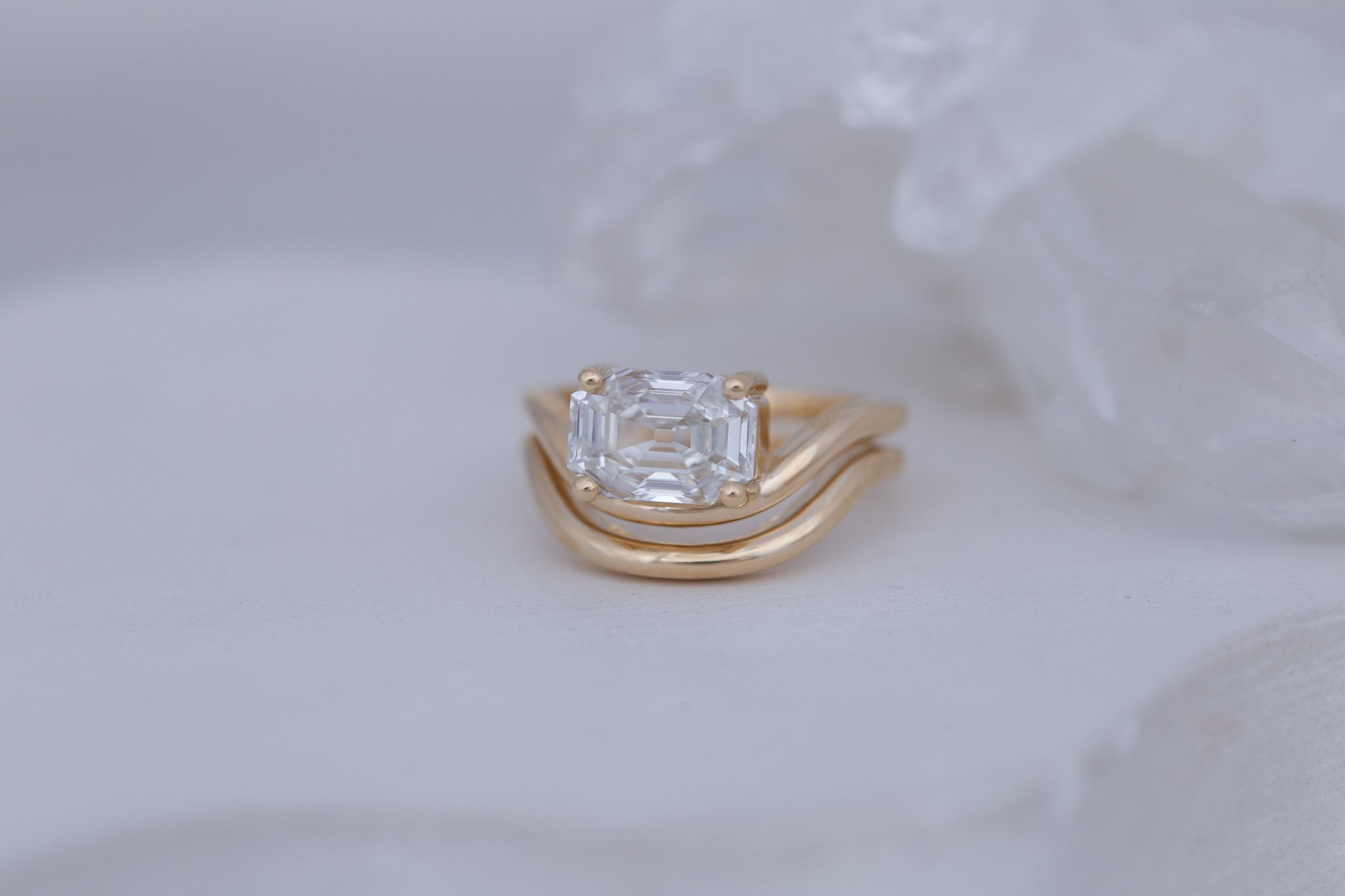 Hayes Ring | Lab Emerald Cut Solitaire + Double Curved Band Engagement Ring 2.59 ct | 14k Recycled Gold | One of a Kind