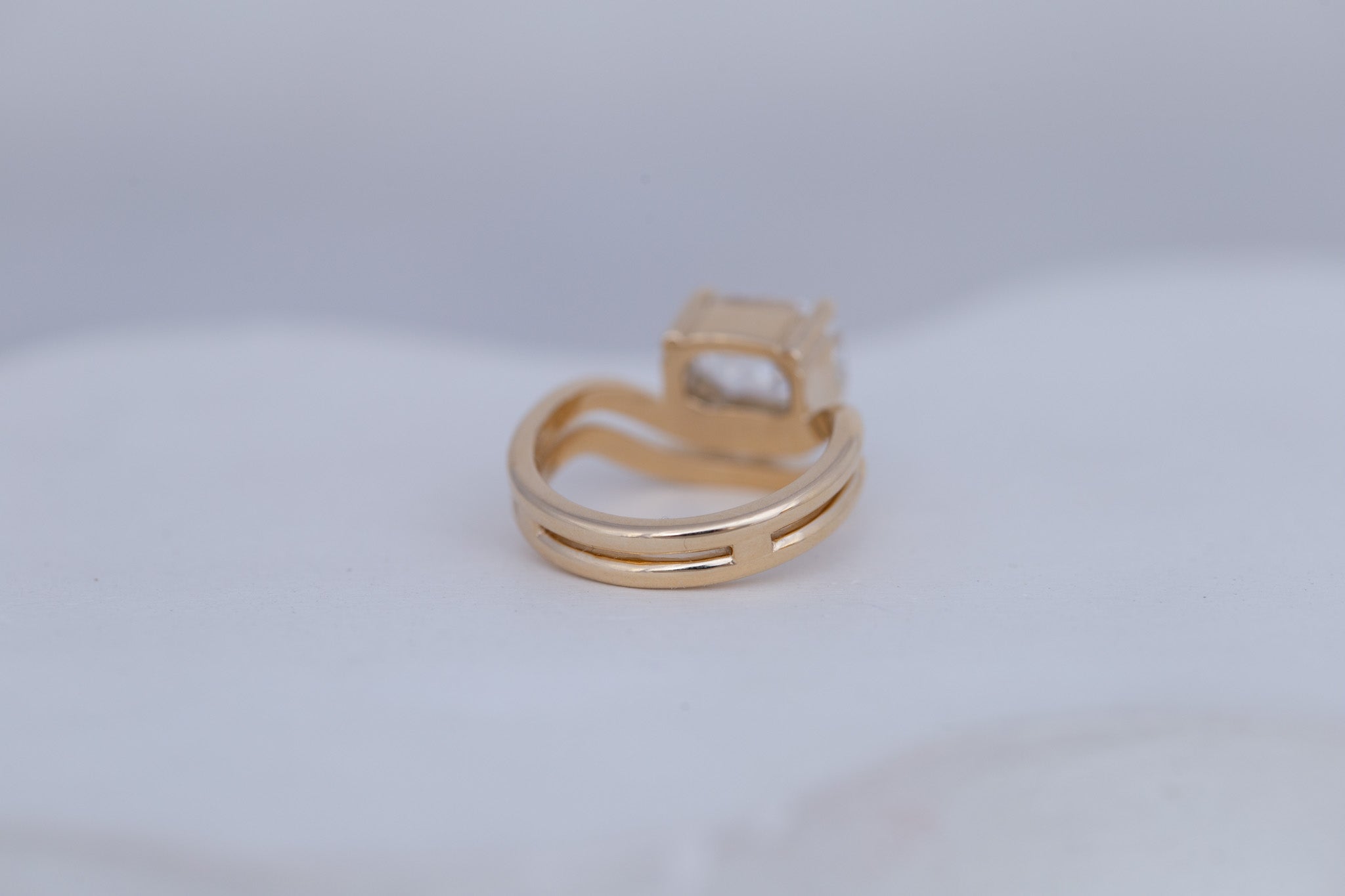 Hayes Ring | Lab Emerald Cut Solitaire + Double Curved Band Engagement Ring 2.59 ct | 14k Recycled Gold | One of a Kind