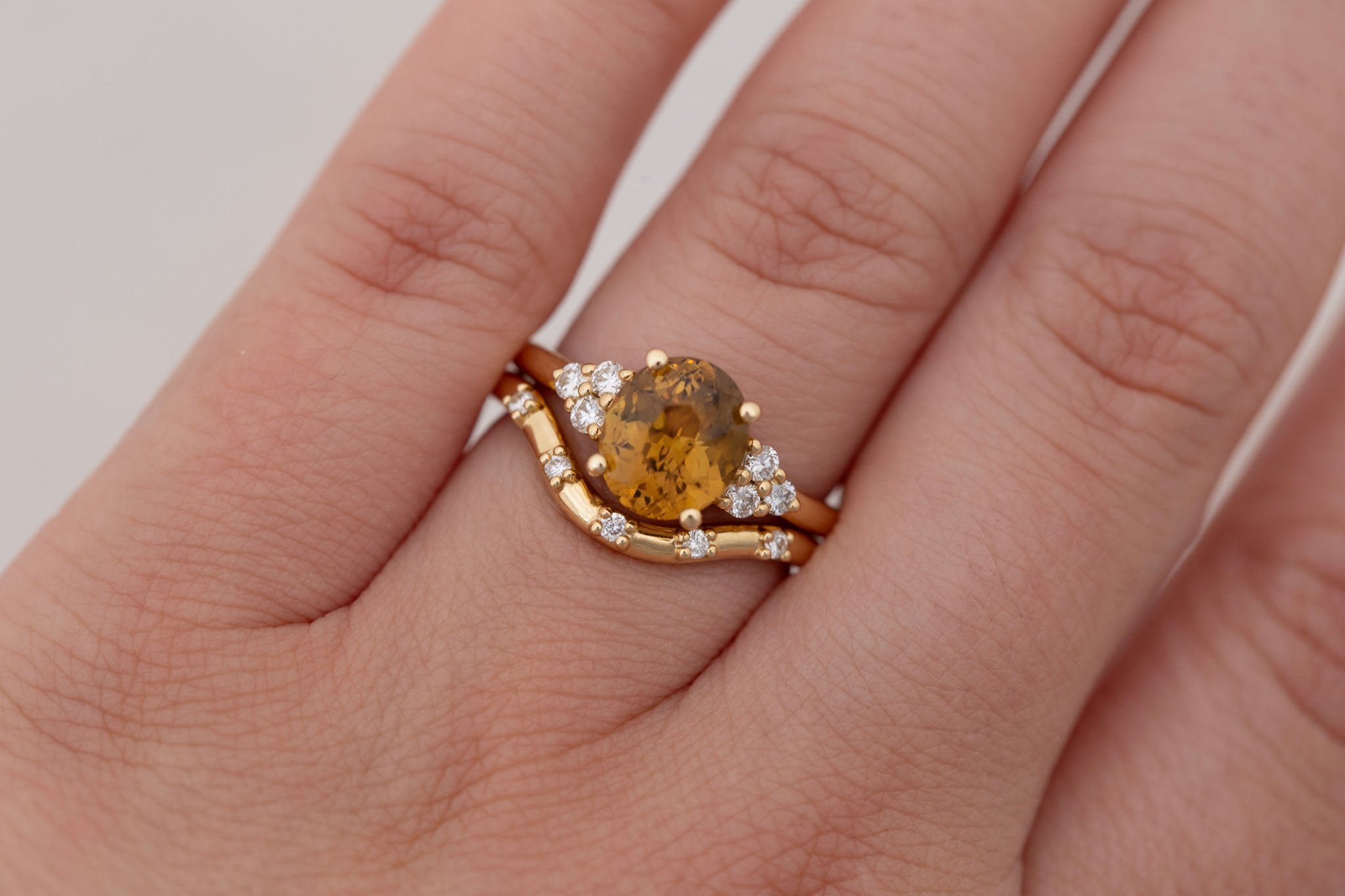 Verona Ring | Brown Oval Sapphire + Round Diamond Accents Engagement Ring 2.60 ct | 14k Recycled Gold | One of a Kind