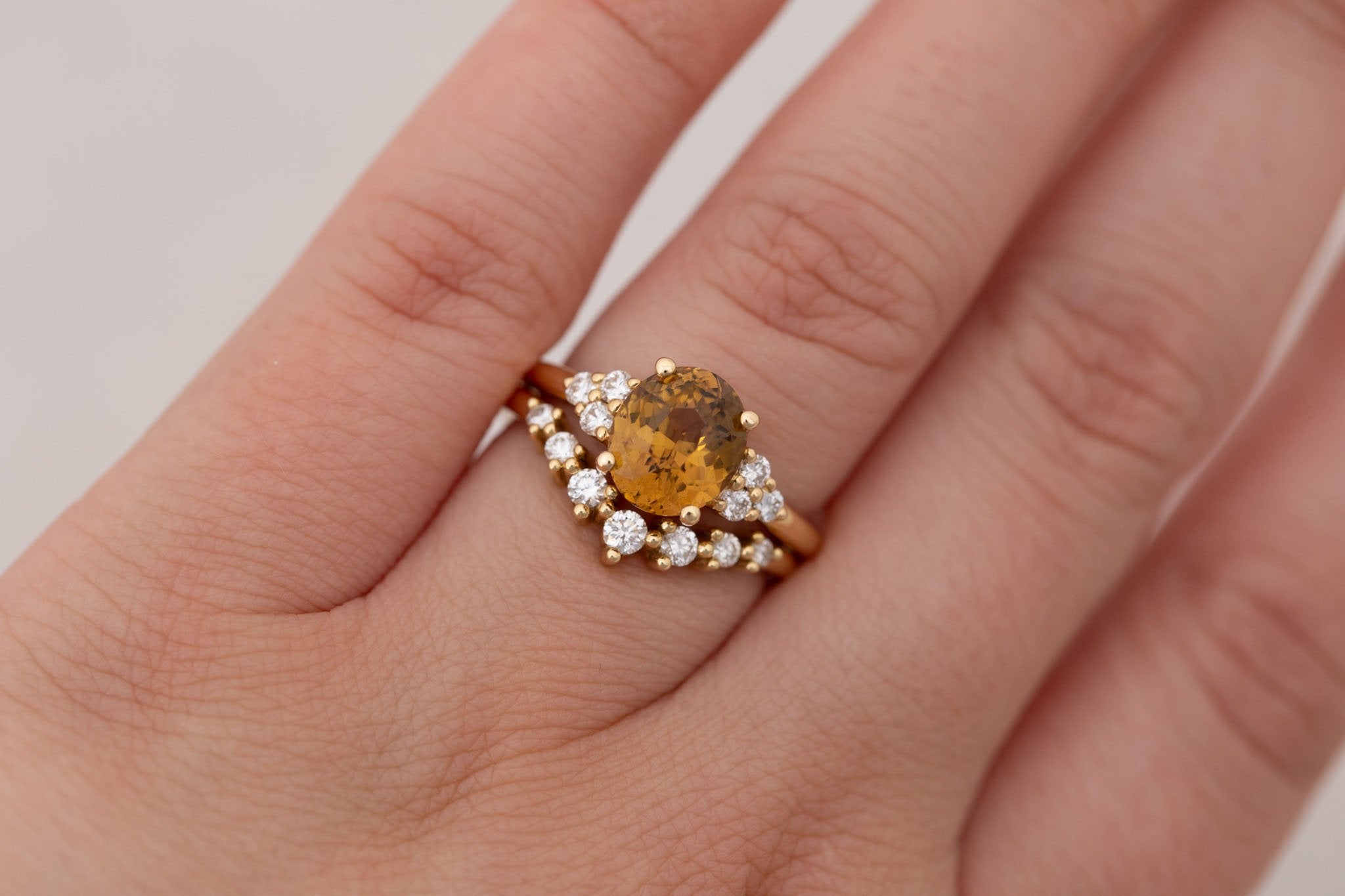 Verona Ring | Brown Oval Sapphire + Round Diamond Accents Engagement Ring 2.60 ct | 14k Recycled Gold | One of a Kind