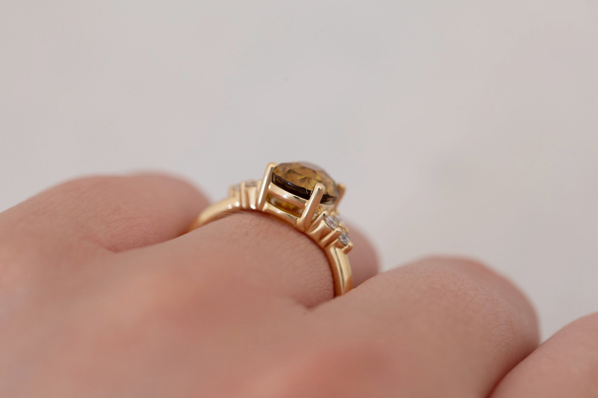 Verona Ring | Brown Oval Sapphire + Round Diamond Accents Engagement Ring 2.60 ct | 14k Recycled Gold | One of a Kind