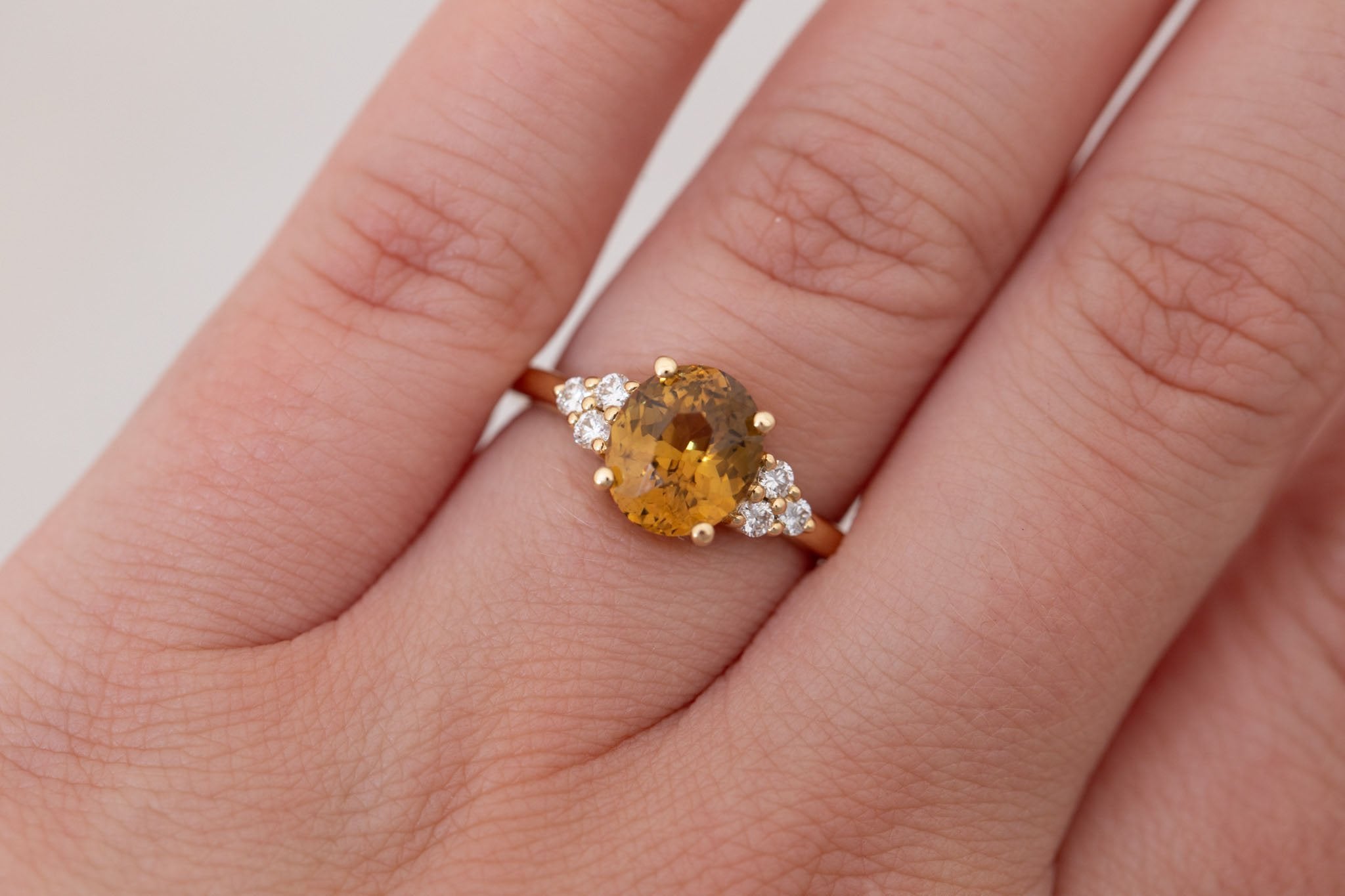Verona Ring | Brown Oval Sapphire + Round Diamond Accents Engagement Ring 2.60 ct | 14k Recycled Gold | One of a Kind