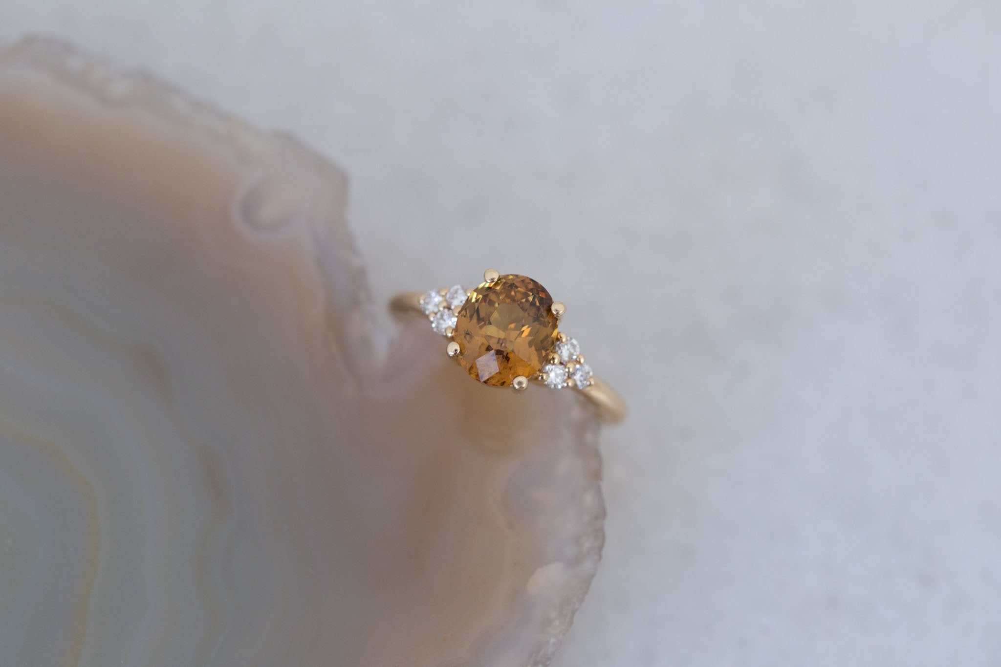 Verona Ring | Brown Oval Sapphire + Round Diamond Accents Engagement Ring 2.60 ct | 14k Recycled Gold | One of a Kind