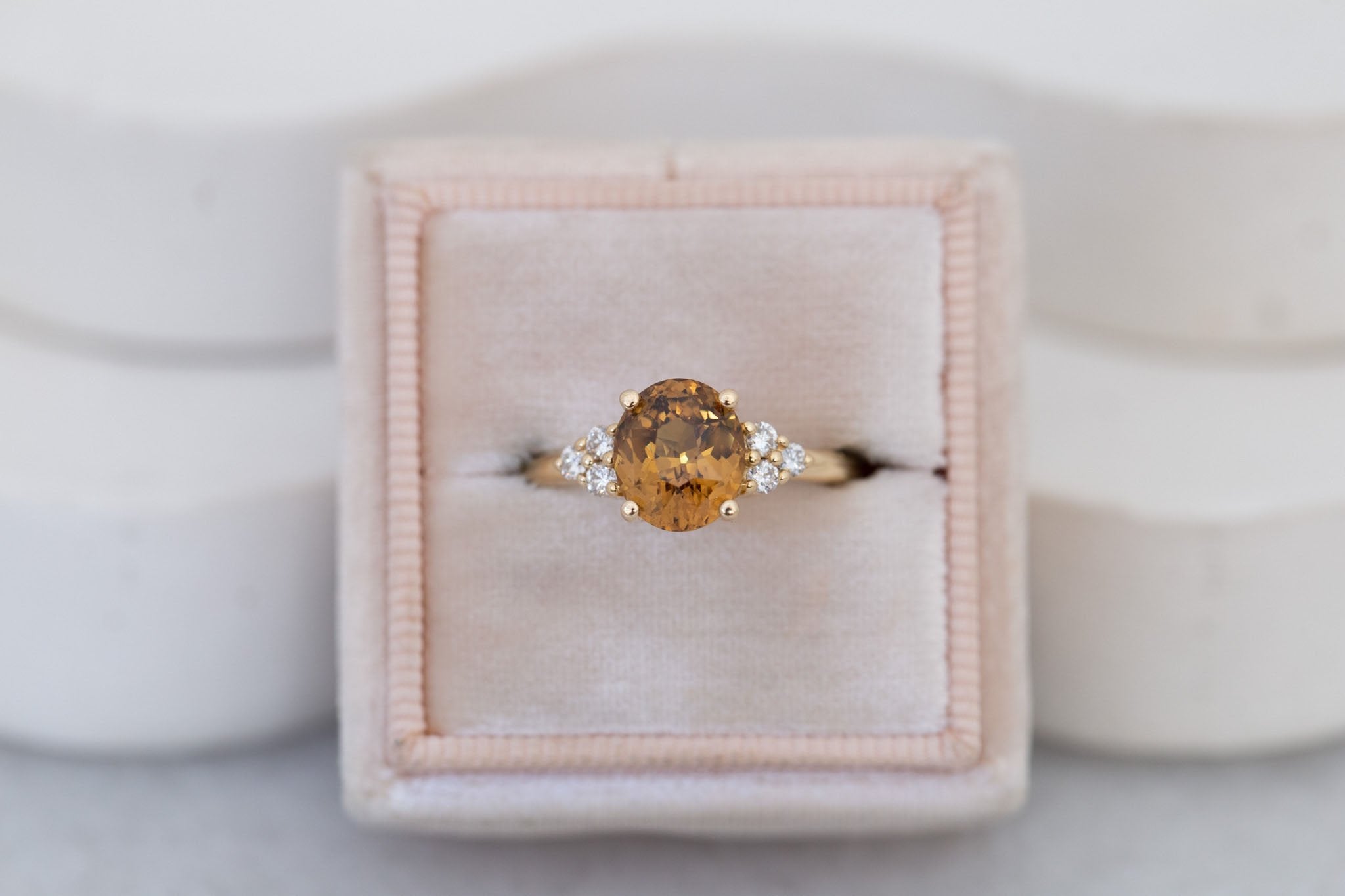 Verona Ring | Brown Oval Sapphire + Round Diamond Accents Engagement Ring 2.60 ct | 14k Recycled Gold | One of a Kind