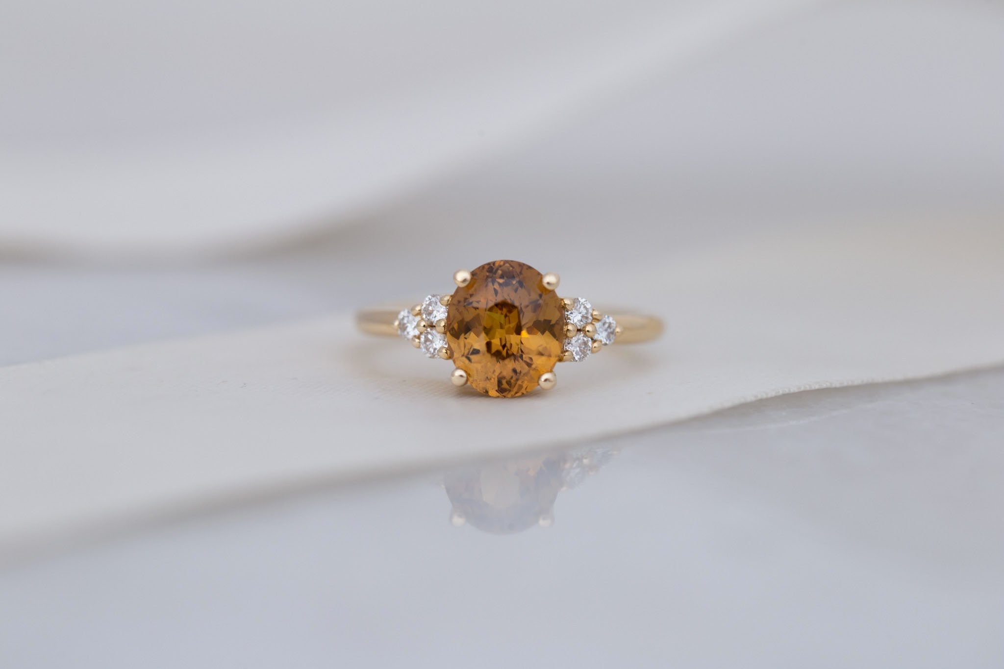 Verona Ring | Brown Oval Sapphire + Round Diamond Accents Engagement Ring 2.60 ct | 14k Recycled Gold | One of a Kind