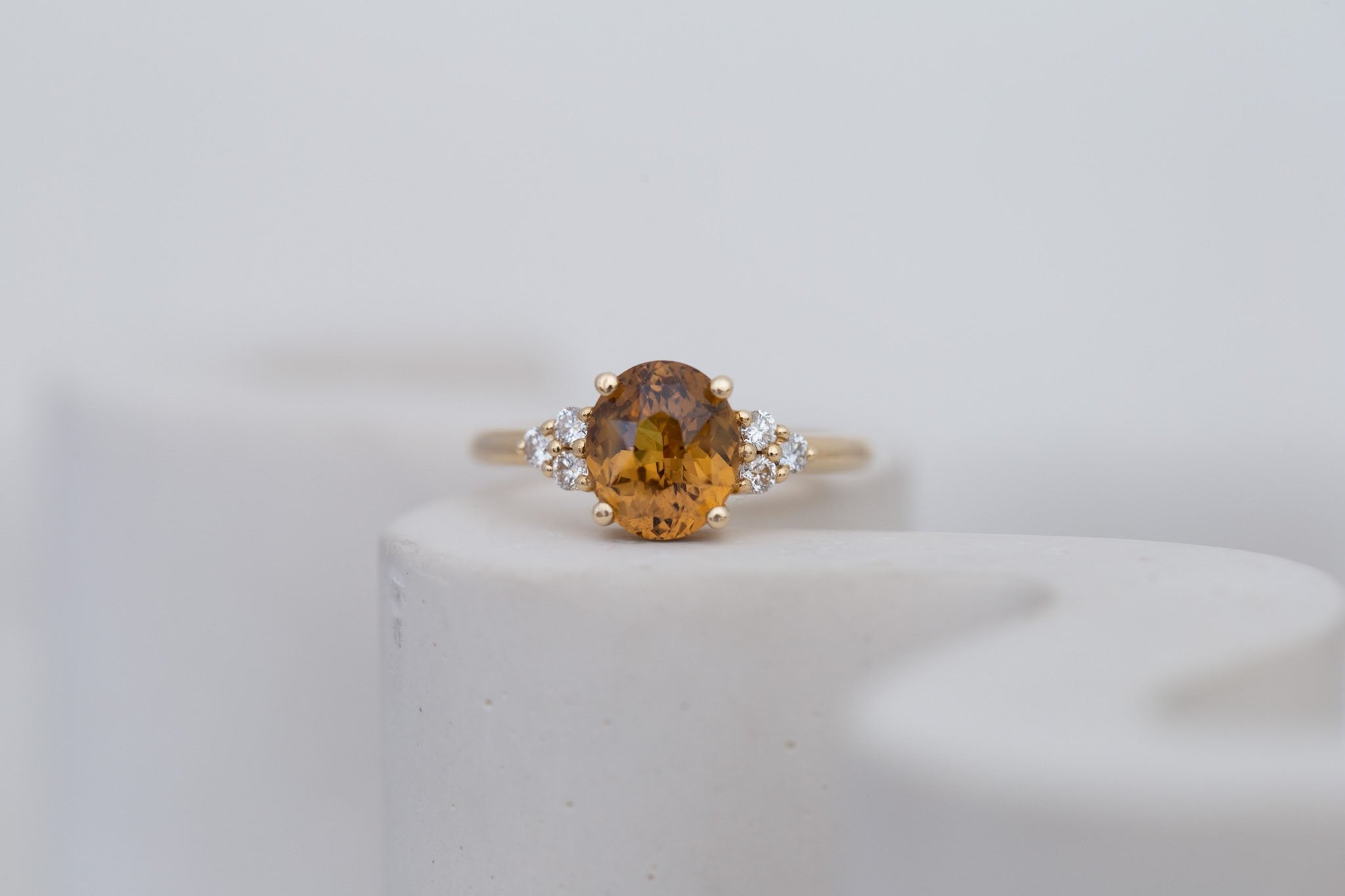 Verona Ring | Brown Oval Sapphire + Round Diamond Accents Engagement Ring 2.60 ct | 14k Recycled Gold | One of a Kind