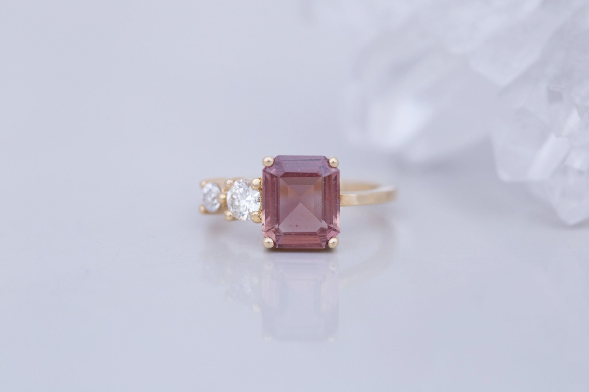 Fern Ring |Terracotta Emerald Cut Sapphire + Antique Diamonds Engagement Ring 2.60 ct | 14k Recycled Gold | One of a Kind