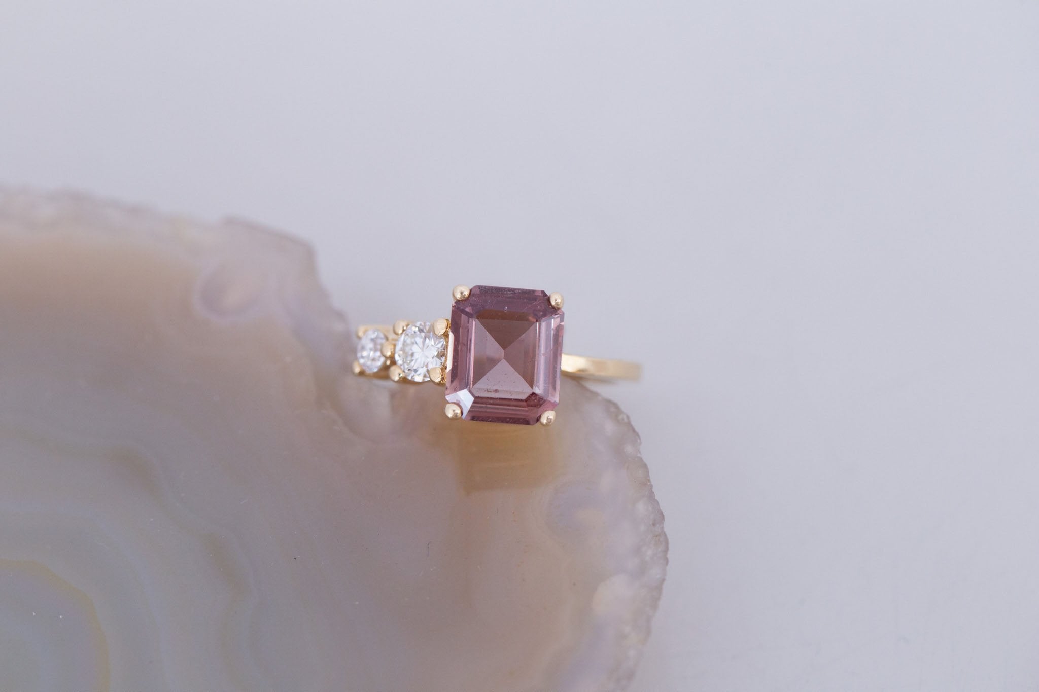 Fern Ring |Terracotta Emerald Cut Sapphire + Antique Diamonds Engagement Ring 2.60 ct | 14k Recycled Gold | One of a Kind