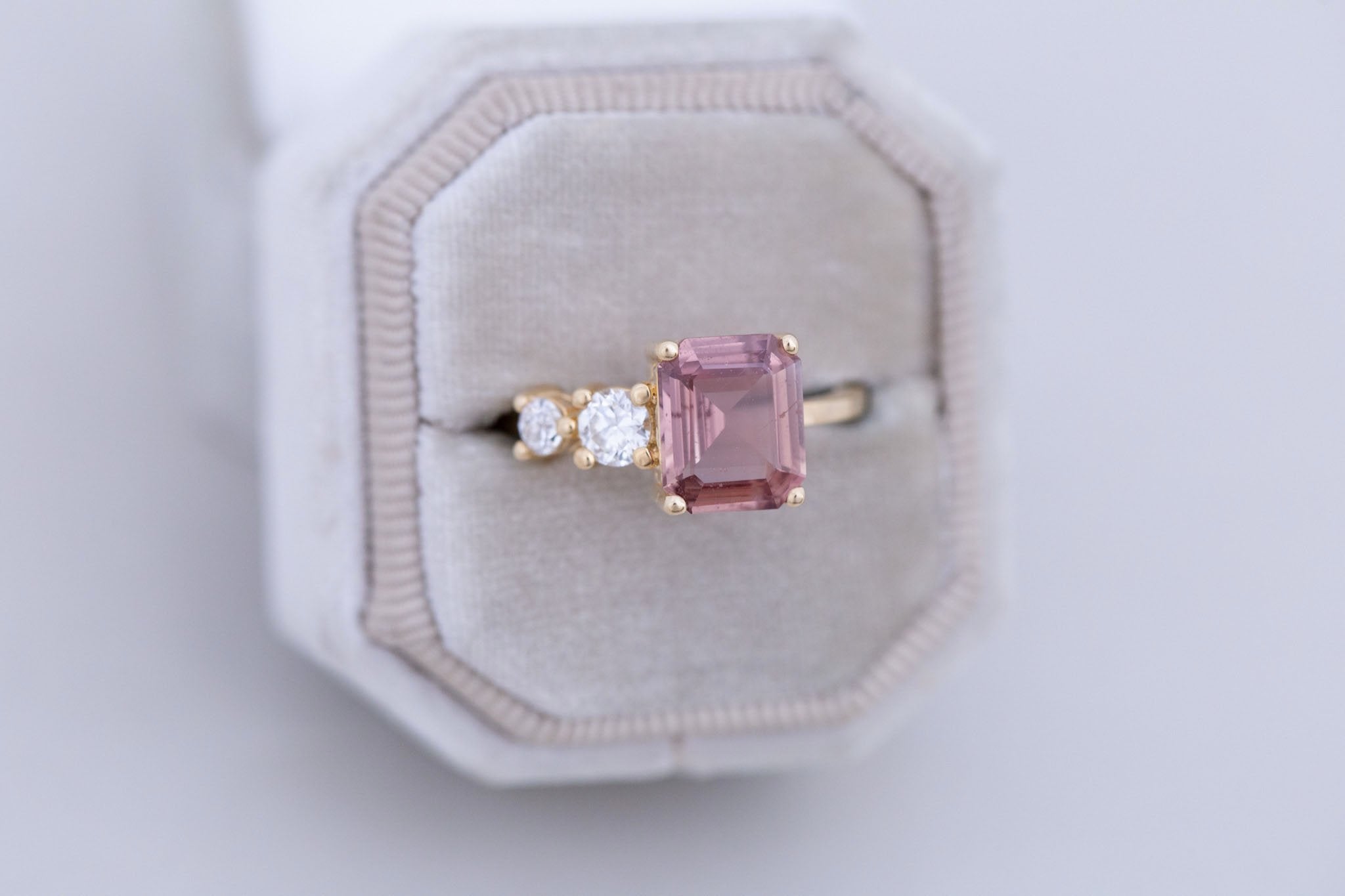 Fern Ring |Terracotta Emerald Cut Sapphire + Antique Diamonds Engagement Ring 2.60 ct | 14k Recycled Gold | One of a Kind