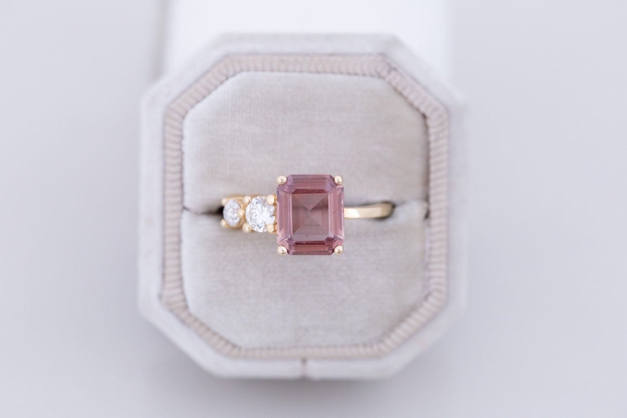 Fern Ring |Terracotta Emerald Cut Sapphire + Antique Diamonds Engagement Ring 2.60 ct | 14k Recycled Gold | One of a Kind