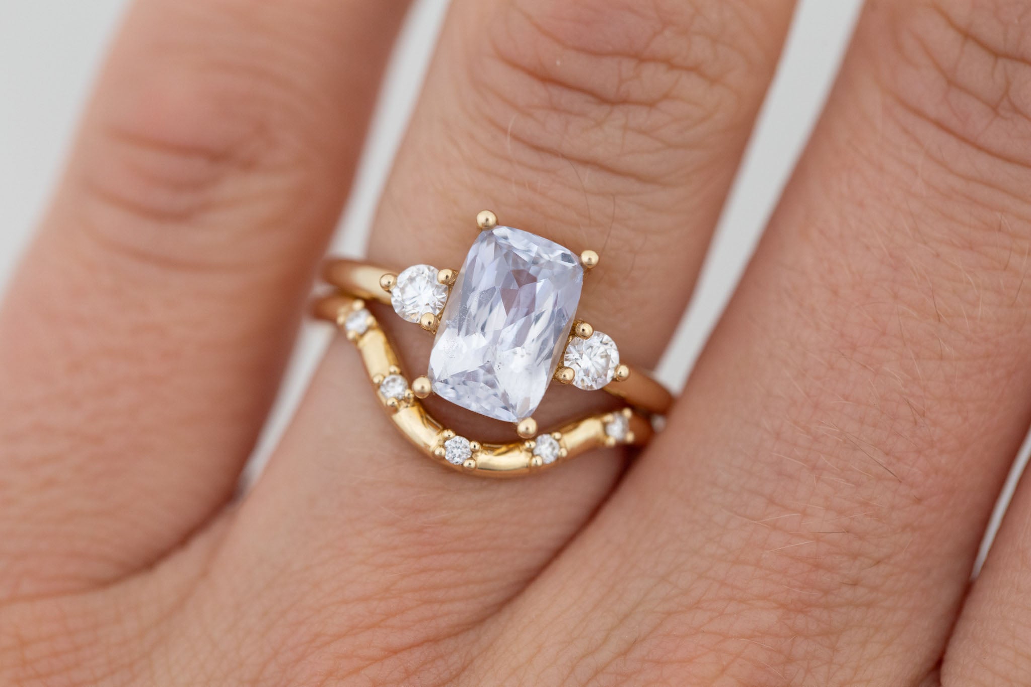 Maeve Ring | Icy Lavender Cushion Sapphire + Round Diamond Accent Engagement Ring 2.61 ct | 14k Recycled Gold | One of a Kind
