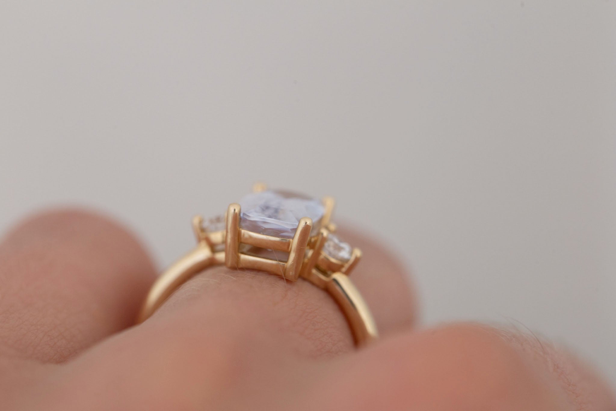 Maeve Ring | Icy Lavender Cushion Sapphire + Round Diamond Accent Engagement Ring 2.61 ct | 14k Recycled Gold | One of a Kind
