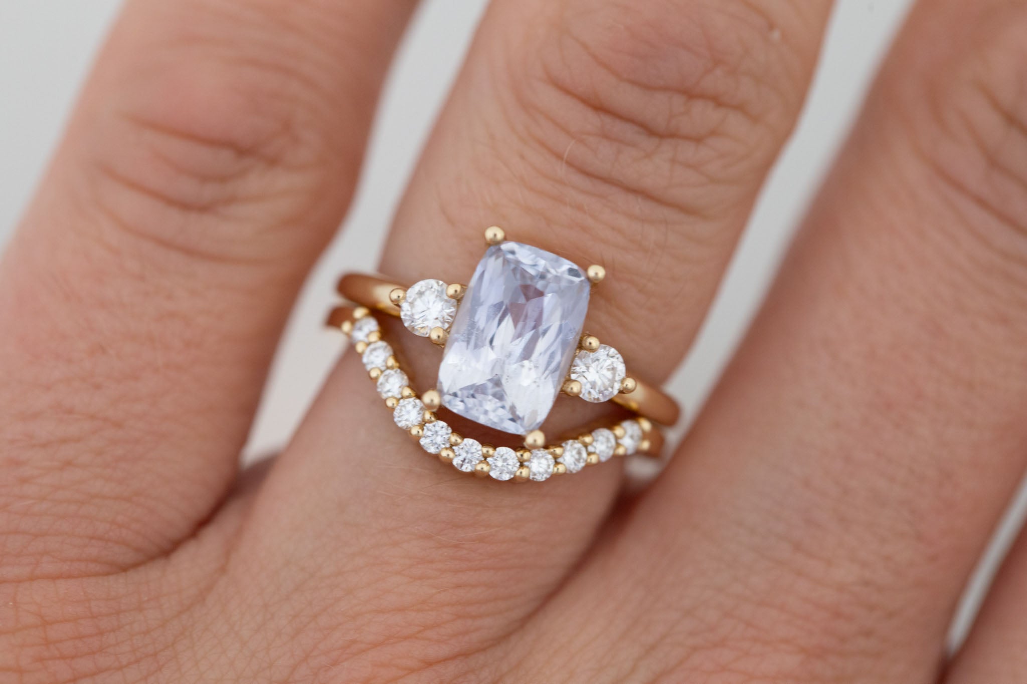 Maeve Ring | Icy Lavender Cushion Sapphire + Round Diamond Accent Engagement Ring 2.61 ct | 14k Recycled Gold | One of a Kind