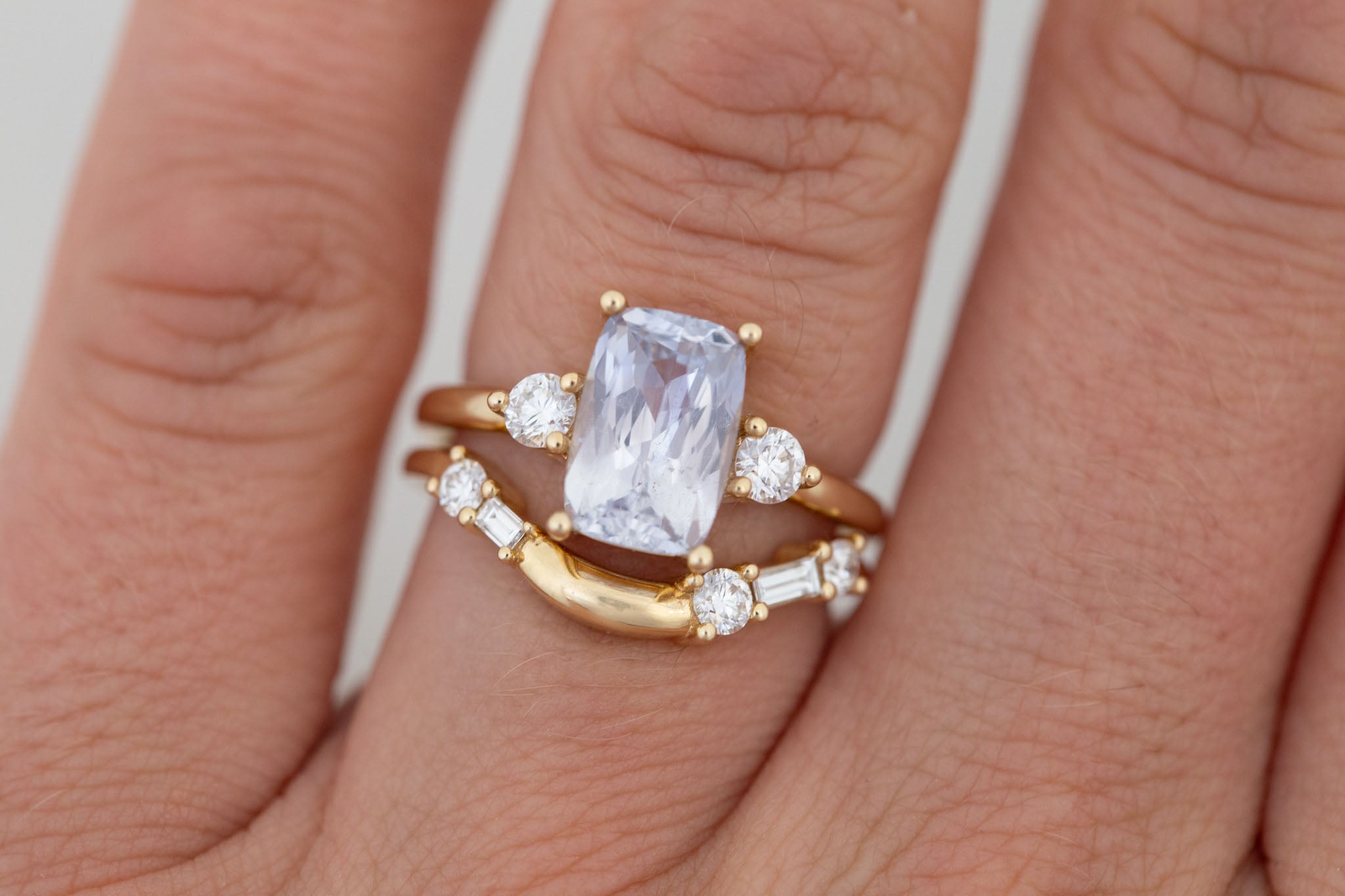 Maeve Ring | Icy Lavender Cushion Sapphire + Round Diamond Accent Engagement Ring 2.61 ct | 14k Recycled Gold | One of a Kind