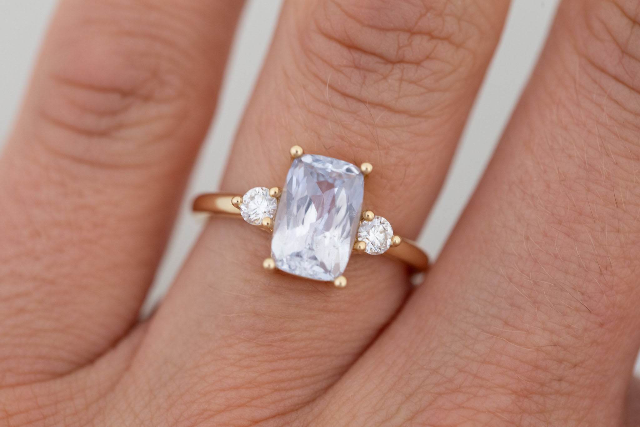 Maeve Ring | Icy Lavender Cushion Sapphire + Round Diamond Accent Engagement Ring 2.61 ct | 14k Recycled Gold | One of a Kind