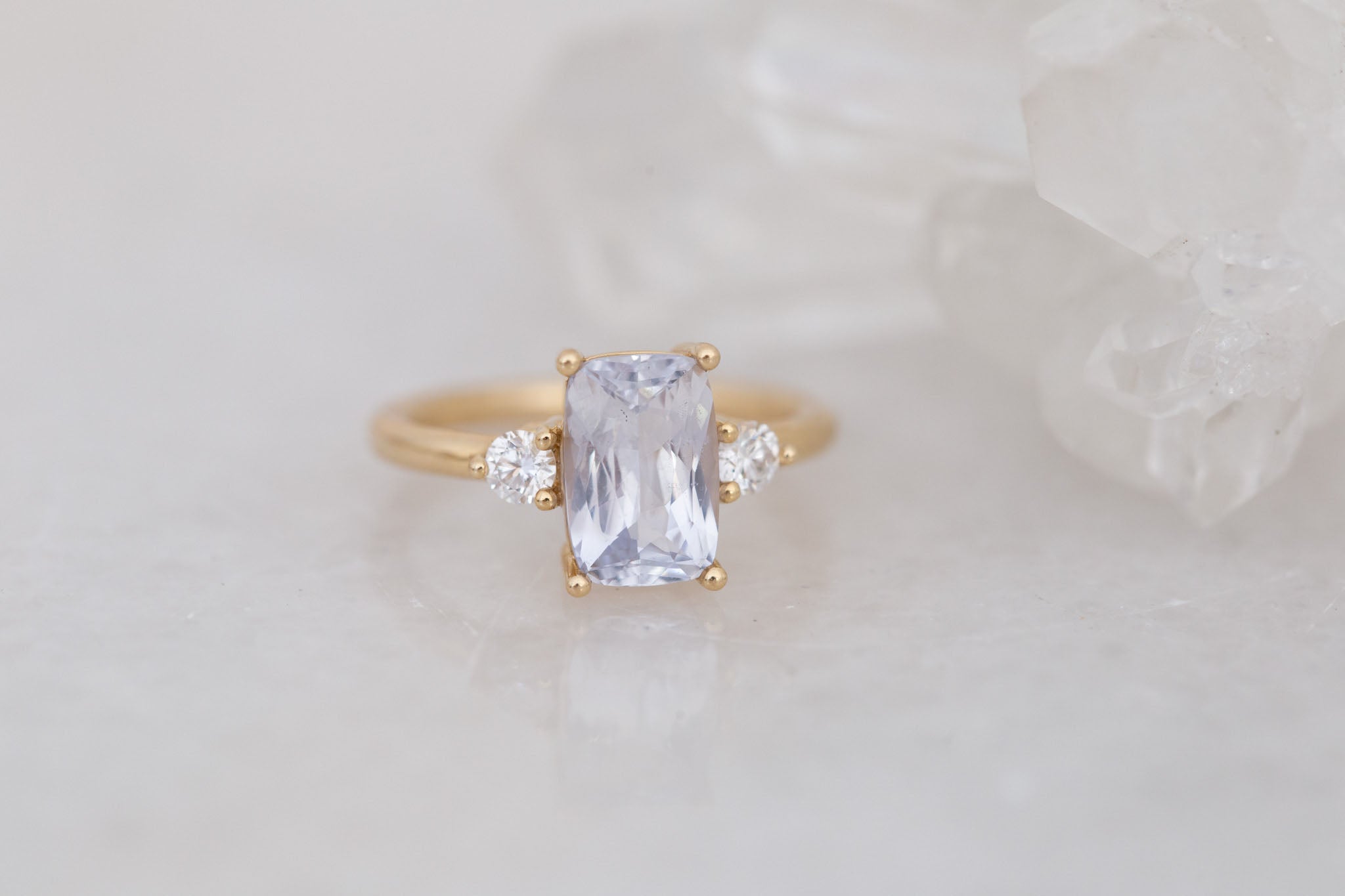 Maeve Ring | Icy Lavender Cushion Sapphire + Round Diamond Accent Engagement Ring 2.61 ct | 14k Recycled Gold | One of a Kind