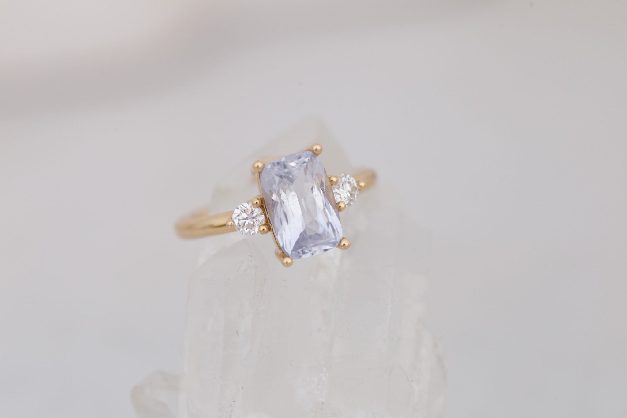Maeve Ring | Icy Lavender Cushion Sapphire + Round Diamond Accent Engagement Ring 2.61 ct | 14k Recycled Gold | One of a Kind