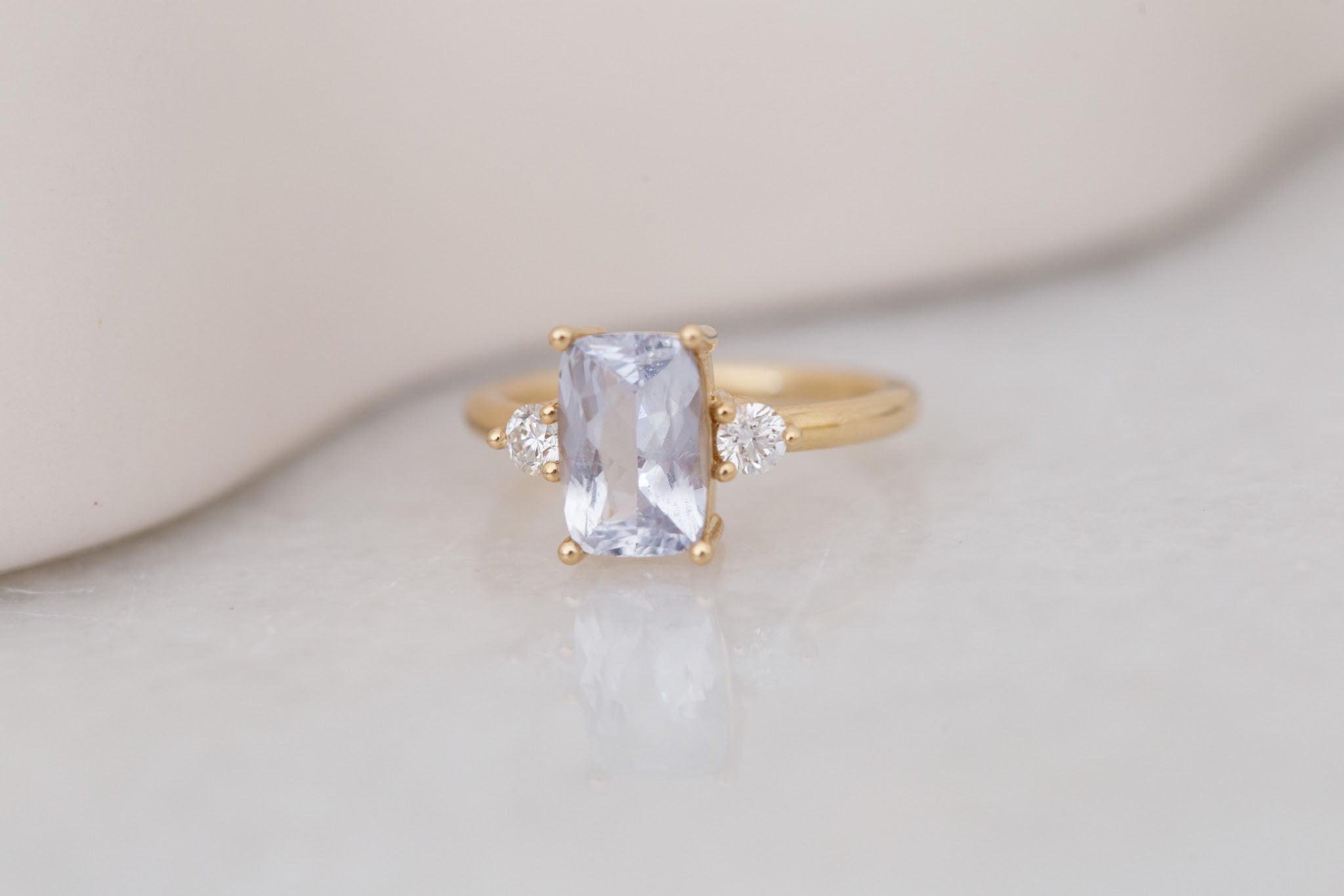 Maeve Ring | Icy Lavender Cushion Sapphire + Round Diamond Accent Engagement Ring 2.61 ct | 14k Recycled Gold | One of a Kind