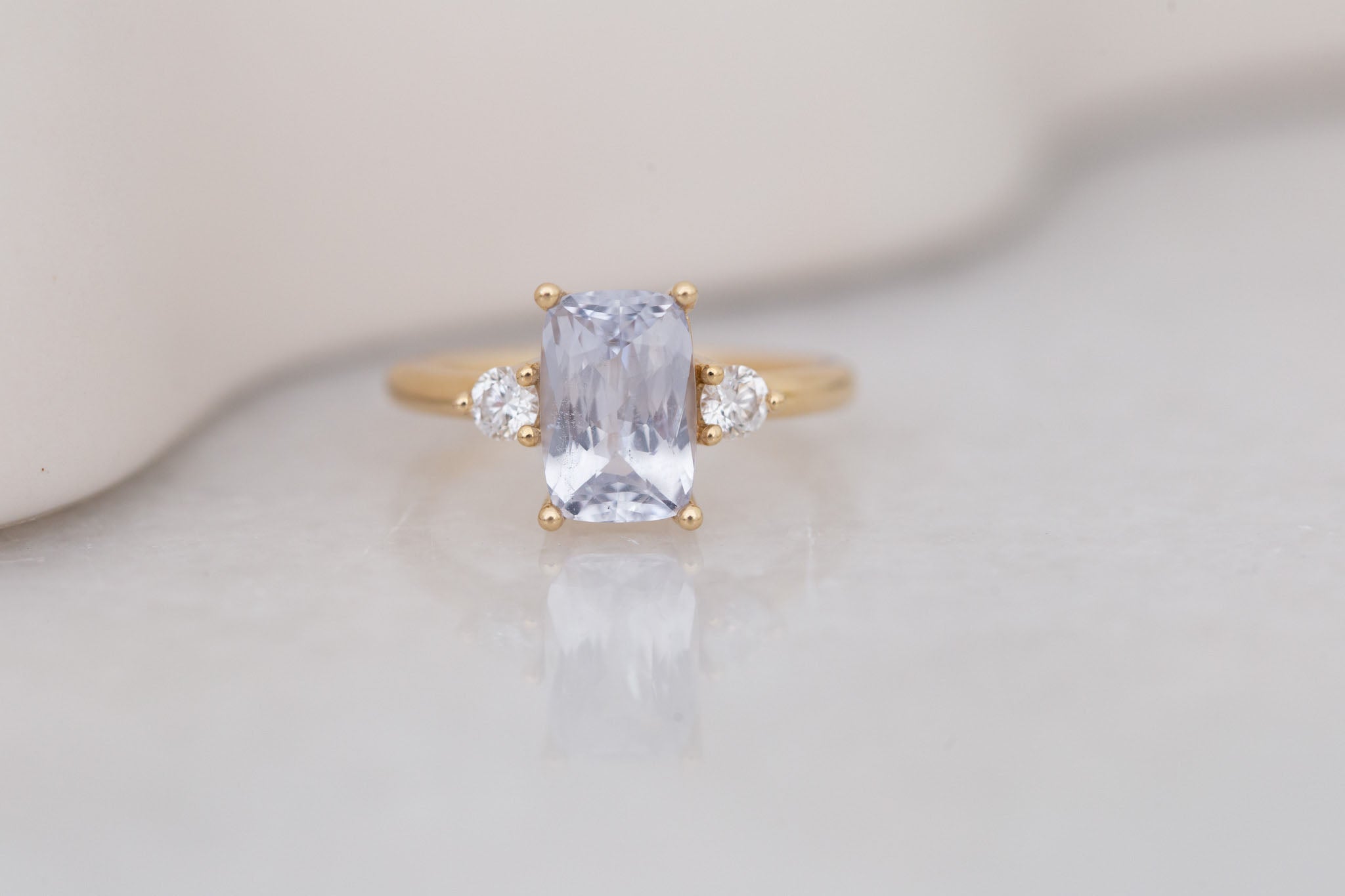 Maeve Ring | Icy Lavender Cushion Sapphire + Round Diamond Accent Engagement Ring 2.61 ct | 14k Recycled Gold | One of a Kind