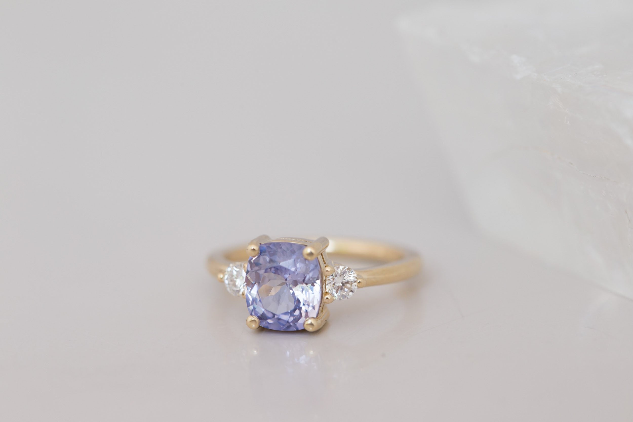 Maeve Ring | Lavender Cushion Sapphire + Round Diamond Accent Engagement Ring 2.64 ct | 14k Recycled Gold | One of a Kind