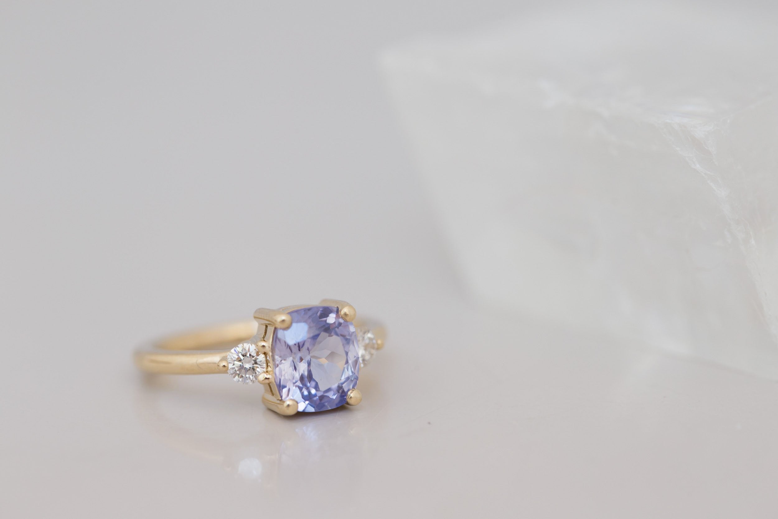 Maeve Ring | Lavender Cushion Sapphire + Round Diamond Accent Engagement Ring 2.64 ct | 14k Recycled Gold | One of a Kind
