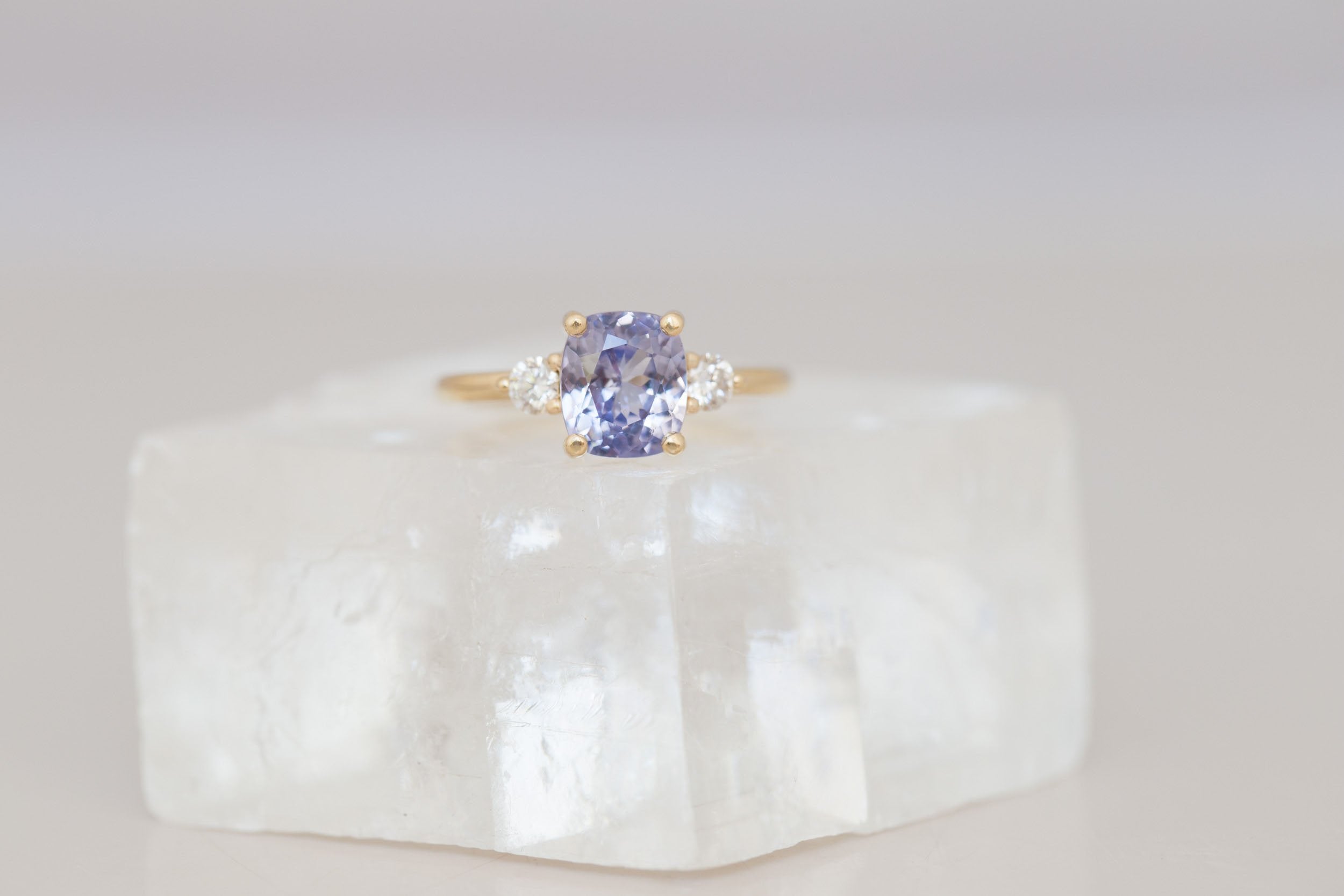 Maeve Ring | Lavender Cushion Sapphire + Round Diamond Accent Engagement Ring 2.64 ct | 14k Recycled Gold | One of a Kind