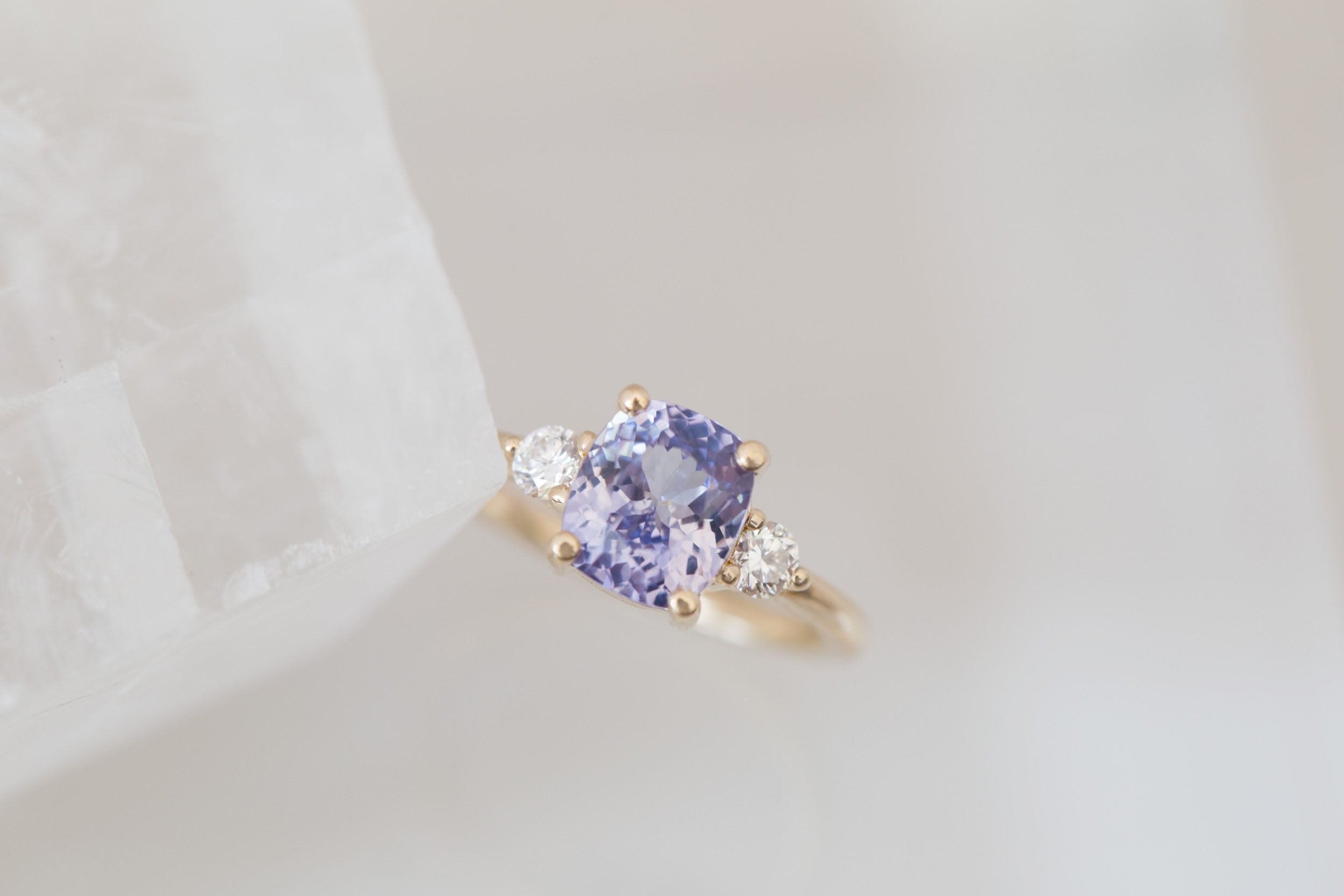 Maeve Ring | Lavender Cushion Sapphire + Round Diamond Accent Engagement Ring 2.64 ct | 14k Recycled Gold | One of a Kind