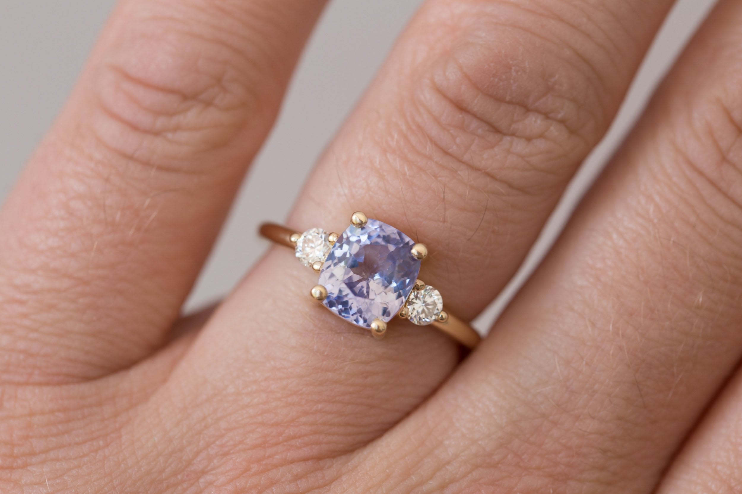 Maeve Ring | Lavender Cushion Sapphire + Round Diamond Accent Engagement Ring 2.64 ct | 14k Recycled Gold | One of a Kind