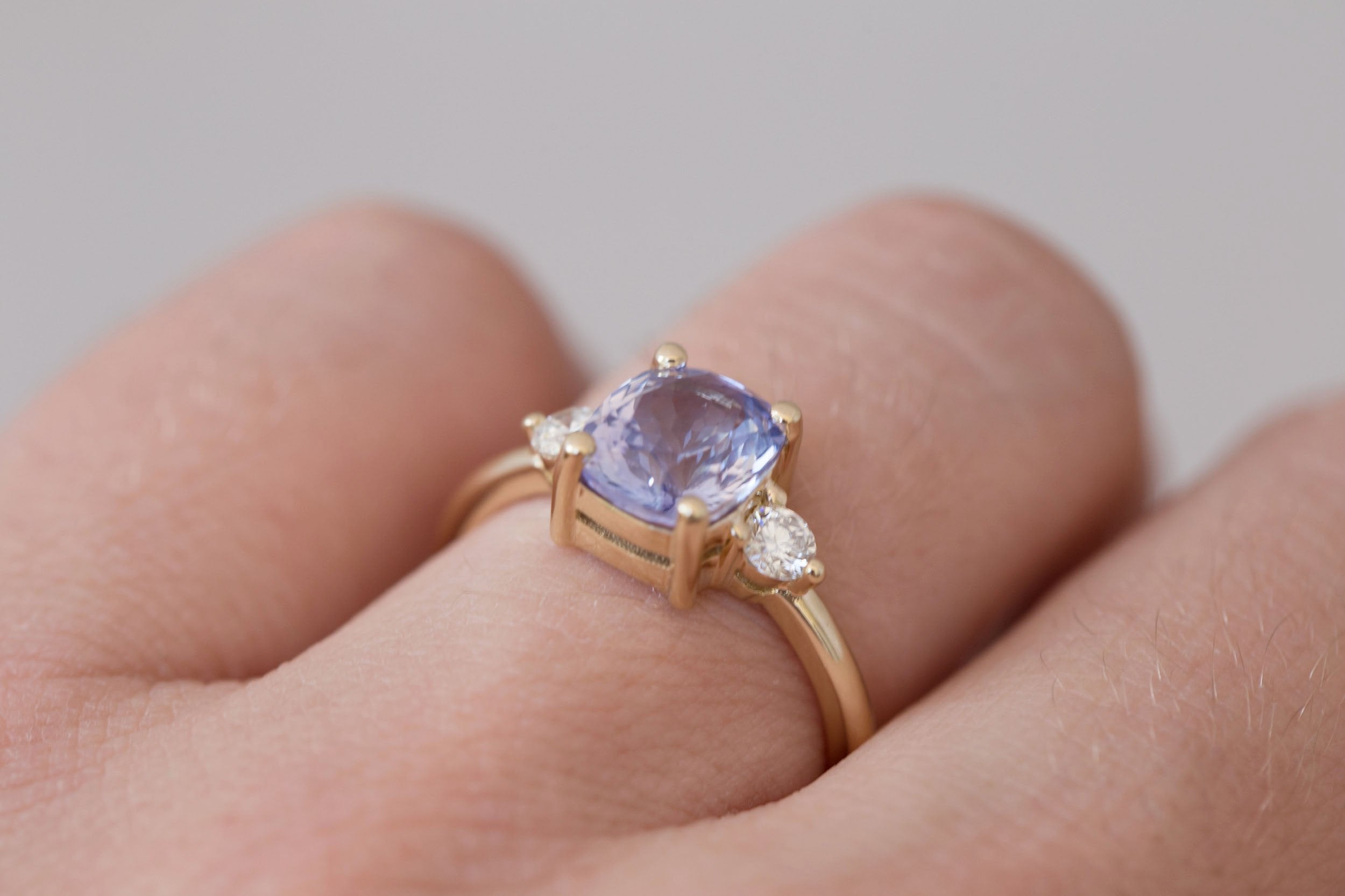 Maeve Ring | Lavender Cushion Sapphire + Round Diamond Accent Engagement Ring 2.64 ct | 14k Recycled Gold | One of a Kind