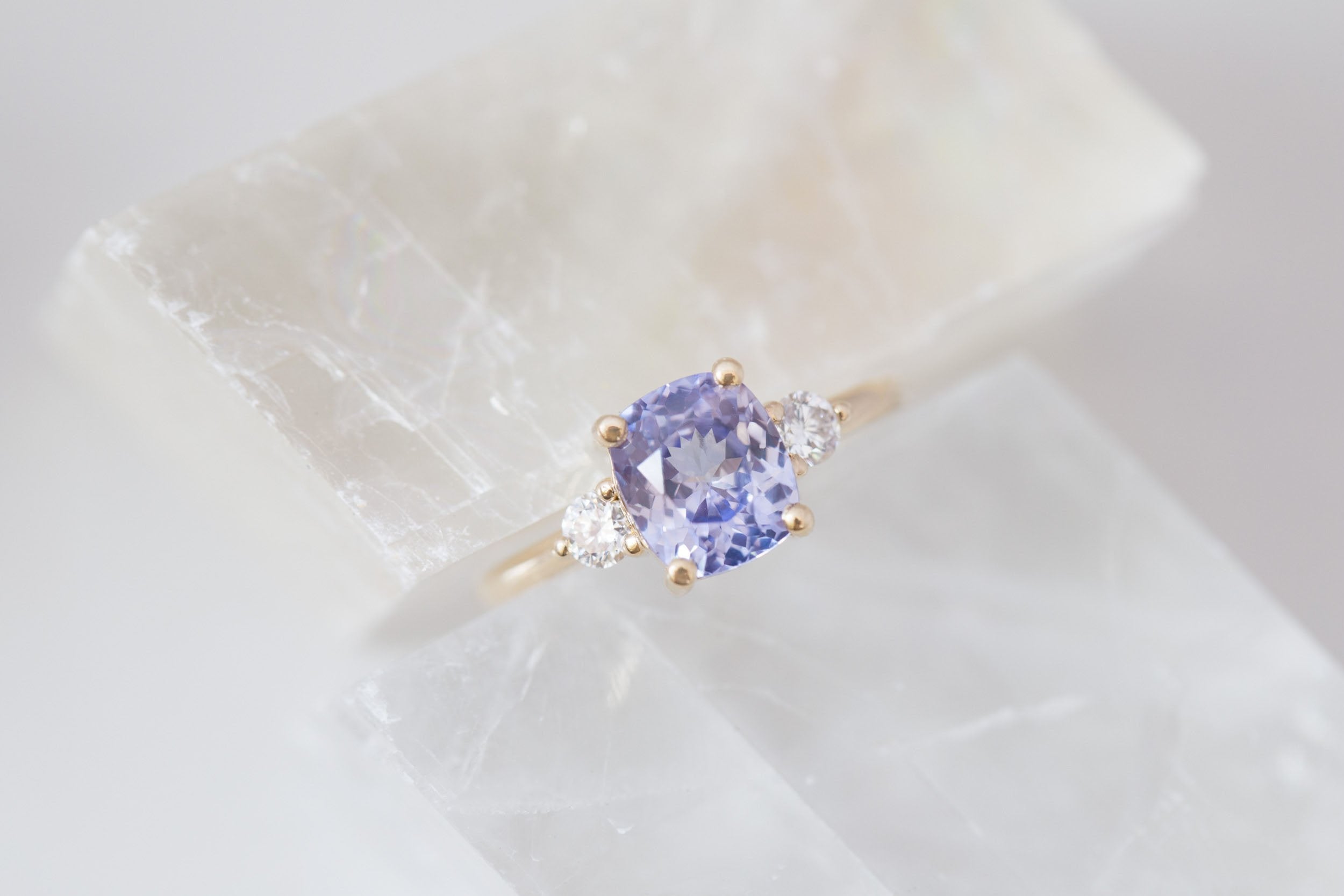 Maeve Ring | Lavender Cushion Sapphire + Round Diamond Accent Engagement Ring 2.64 ct | 14k Recycled Gold | One of a Kind