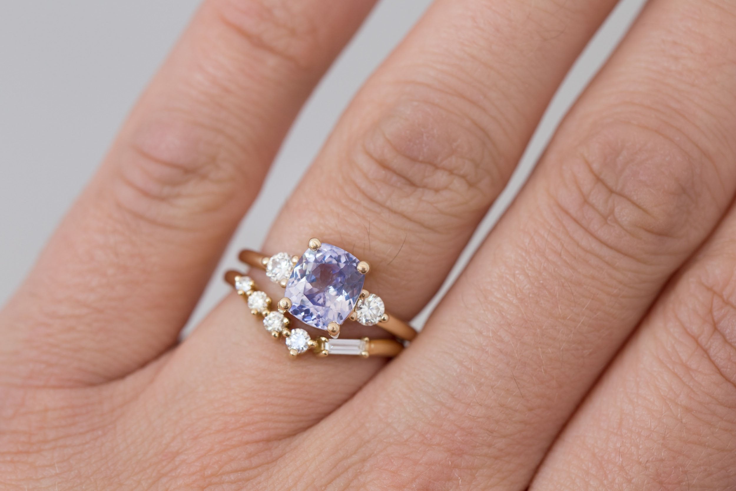 Maeve Ring | Lavender Cushion Sapphire + Round Diamond Accent Engagement Ring 2.64 ct | 14k Recycled Gold | One of a Kind