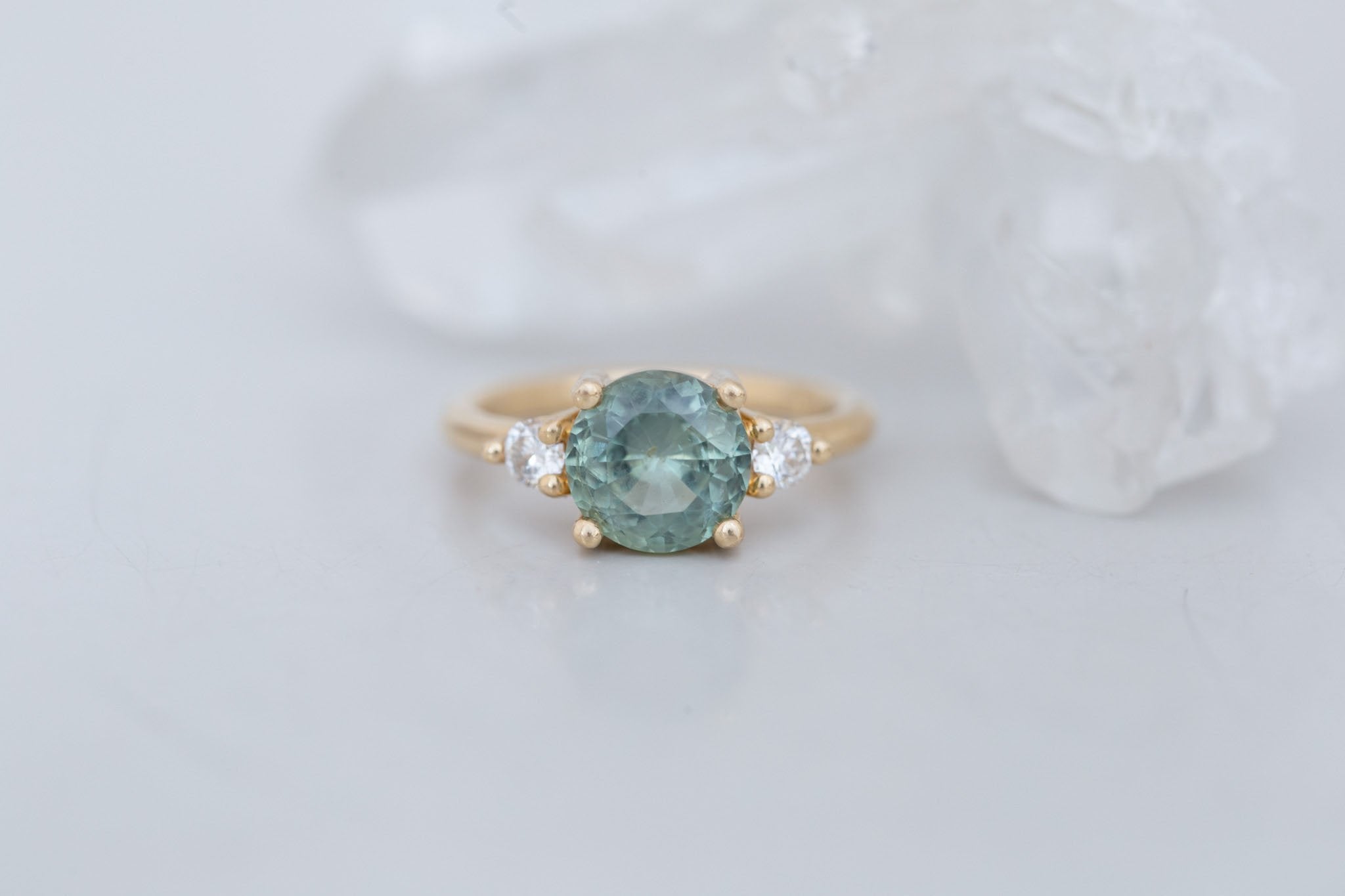Maeve Ring | Green Sapphire + Round Diamond Accent Engagement Ring 2.65 ct | 14k Recycled Gold | One of a Kind