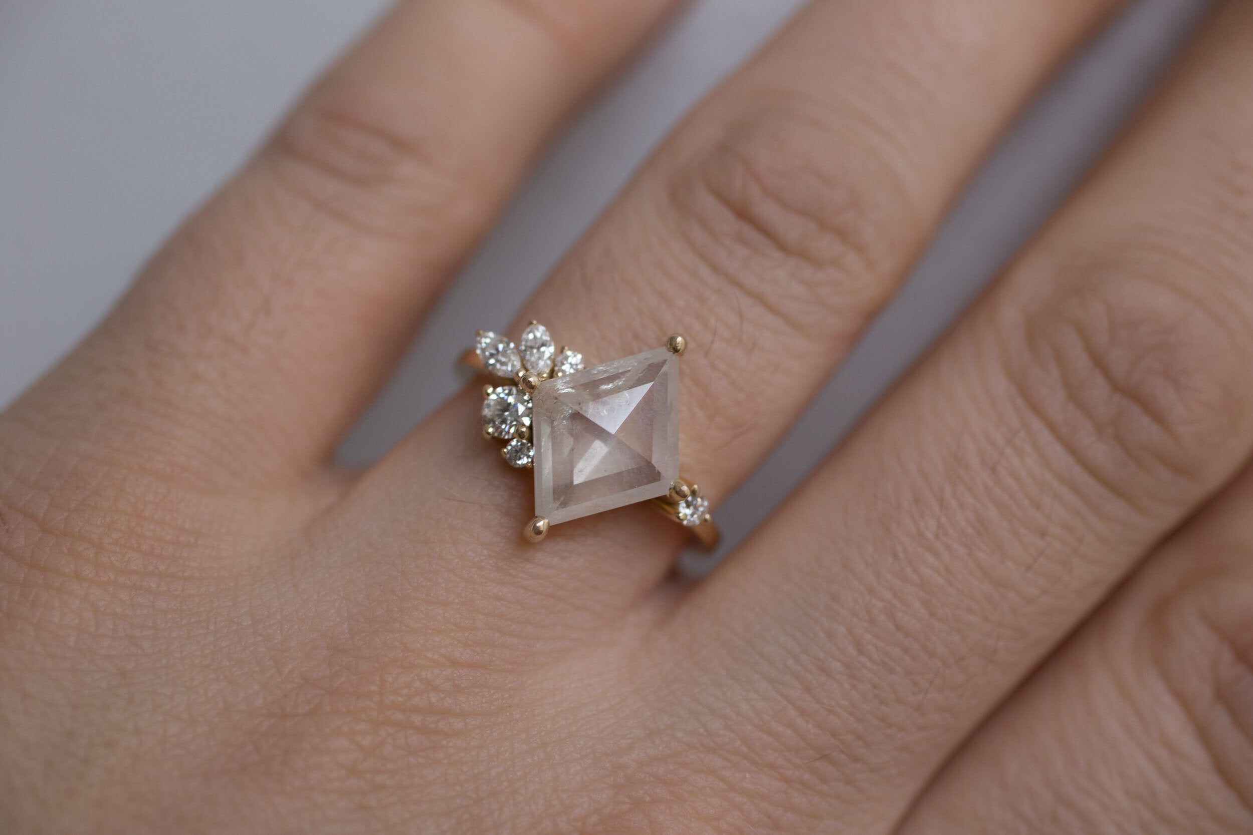 Alden Ring | Opalescent Diamond Rhombus + Diamond Cluster Engagement Ring | 14k Recycled Gold | One of a Kind