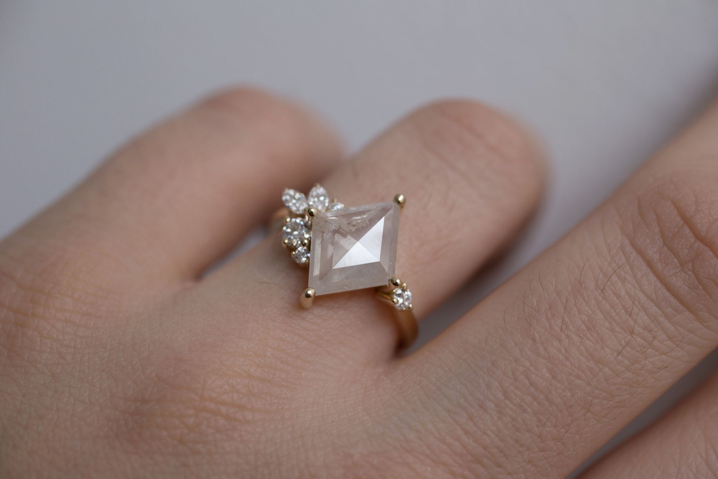 Alden Ring | Opalescent Diamond Rhombus + Diamond Cluster Engagement Ring | 14k Recycled Gold | One of a Kind