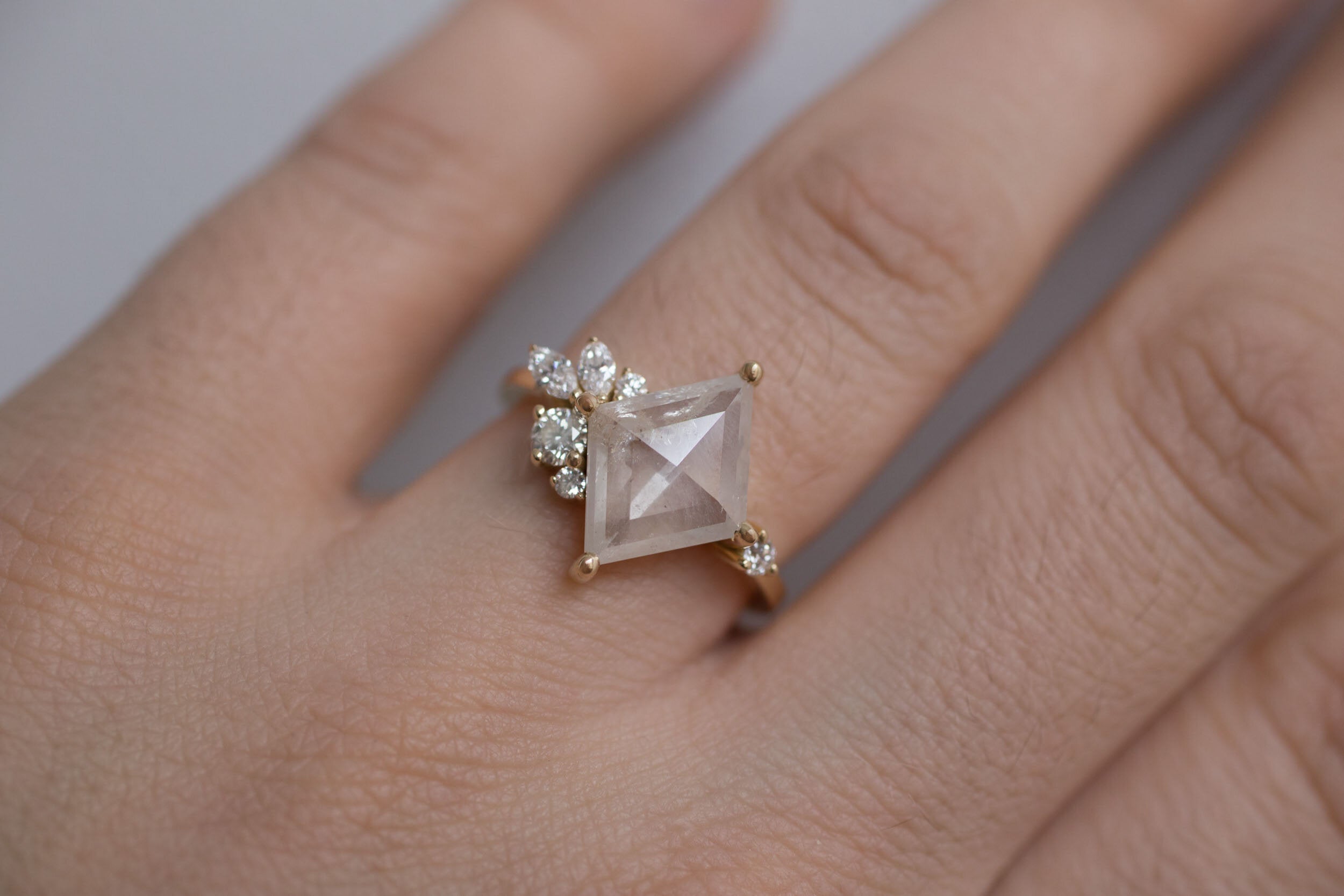 Alden Ring | Opalescent Diamond Rhombus + Diamond Cluster Engagement Ring | 14k Recycled Gold | One of a Kind