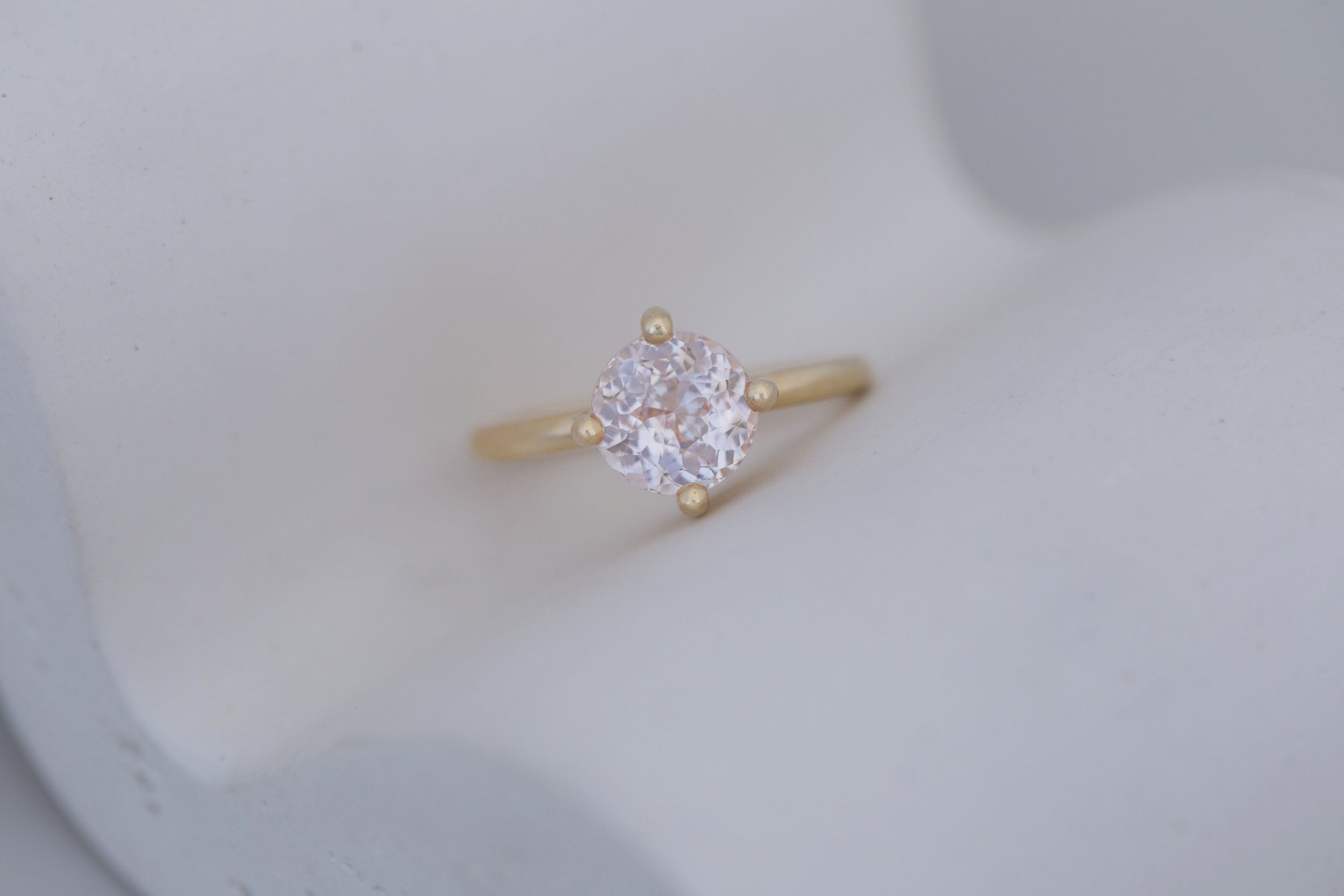 Leta Ring | Icy Blush Round Sapphire Compass Set Solitaire Engagement Ring 2.70 ct | 14k Recycled Gold | One of a Kind