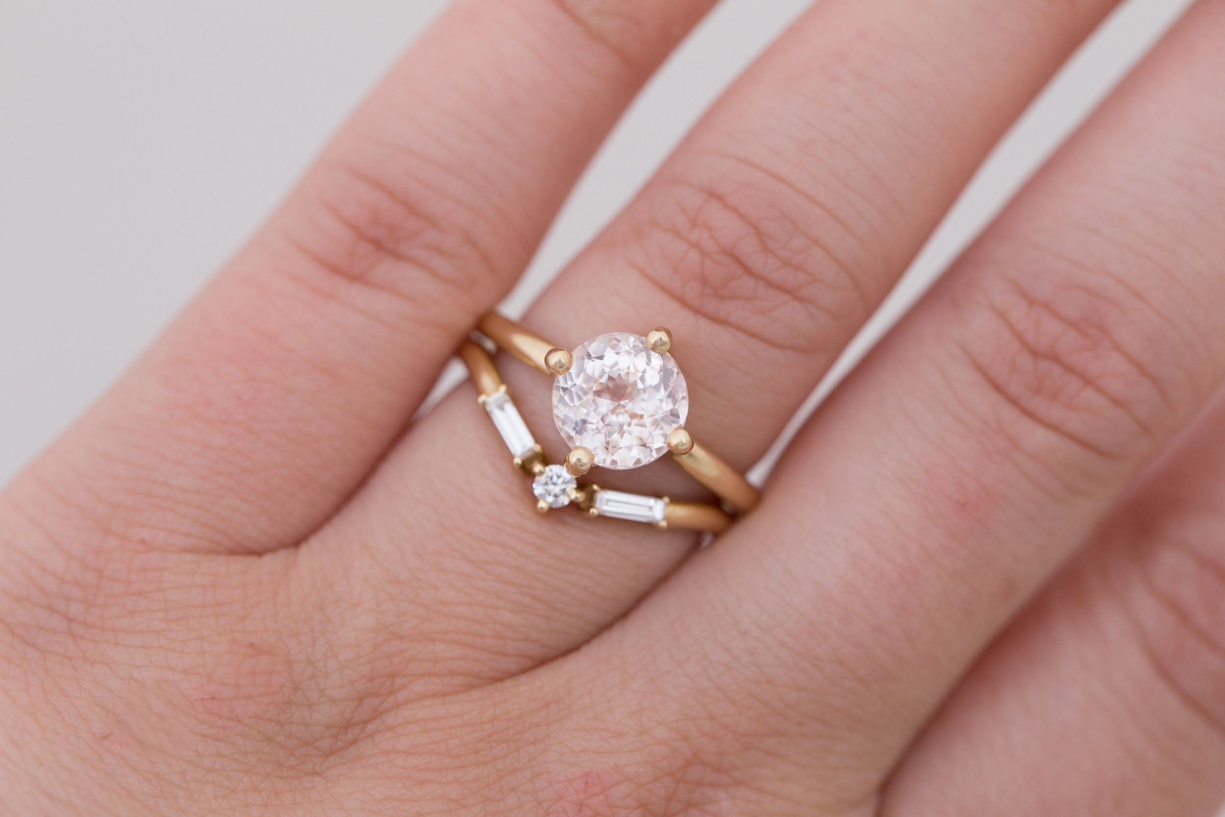 Leta Ring | Icy Blush Round Sapphire Compass Set Solitaire Engagement Ring 2.70 ct | 14k Recycled Gold | One of a Kind
