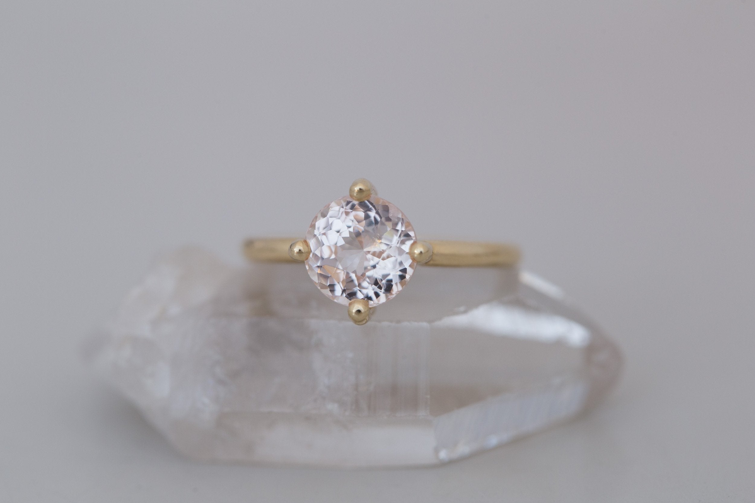 Leta Ring | Icy Blush Round Sapphire Compass Set Solitaire Engagement Ring 2.70 ct | 14k Recycled Gold | One of a Kind