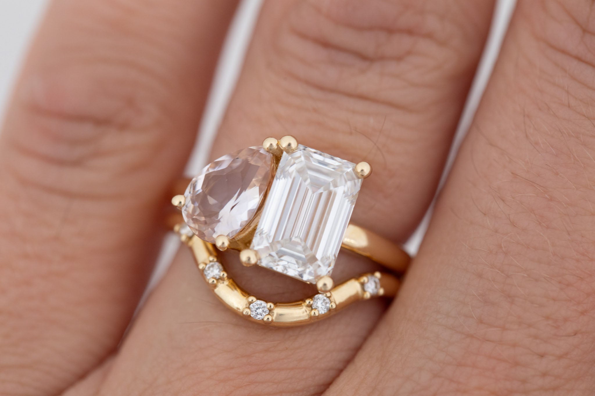 Liana Ring | Lab Emerald Cut Diamond + Pear Cut Peach Sapphire Engagement Ring 2.7 + 1.41 ct | 14k Recycled Gold | One of a Kind