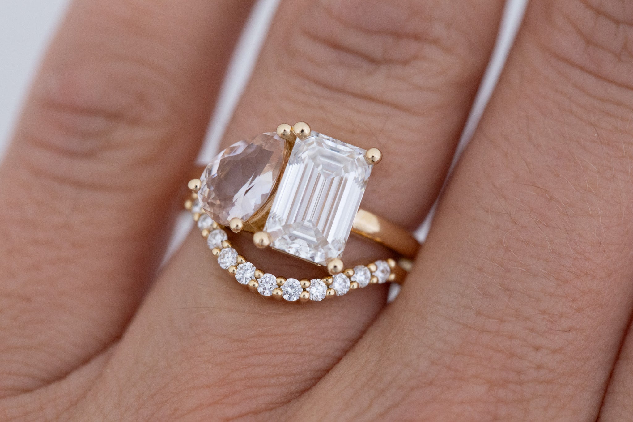 Liana Ring | Lab Emerald Cut Diamond + Pear Cut Peach Sapphire Engagement Ring 2.7 + 1.41 ct | 14k Recycled Gold | One of a Kind