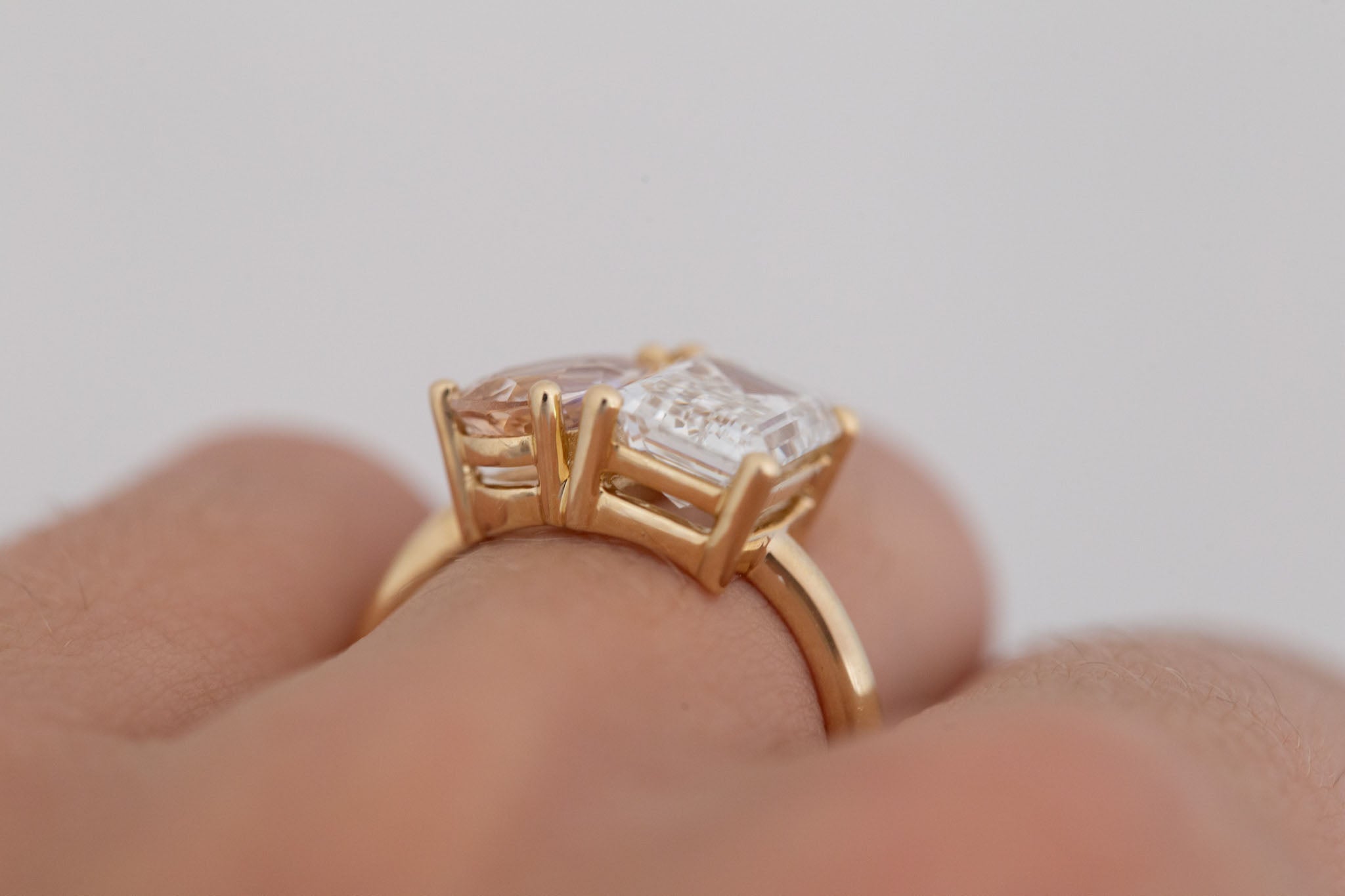 Liana Ring | Lab Emerald Cut Diamond + Pear Cut Peach Sapphire Engagement Ring 2.7 + 1.41 ct | 14k Recycled Gold | One of a Kind