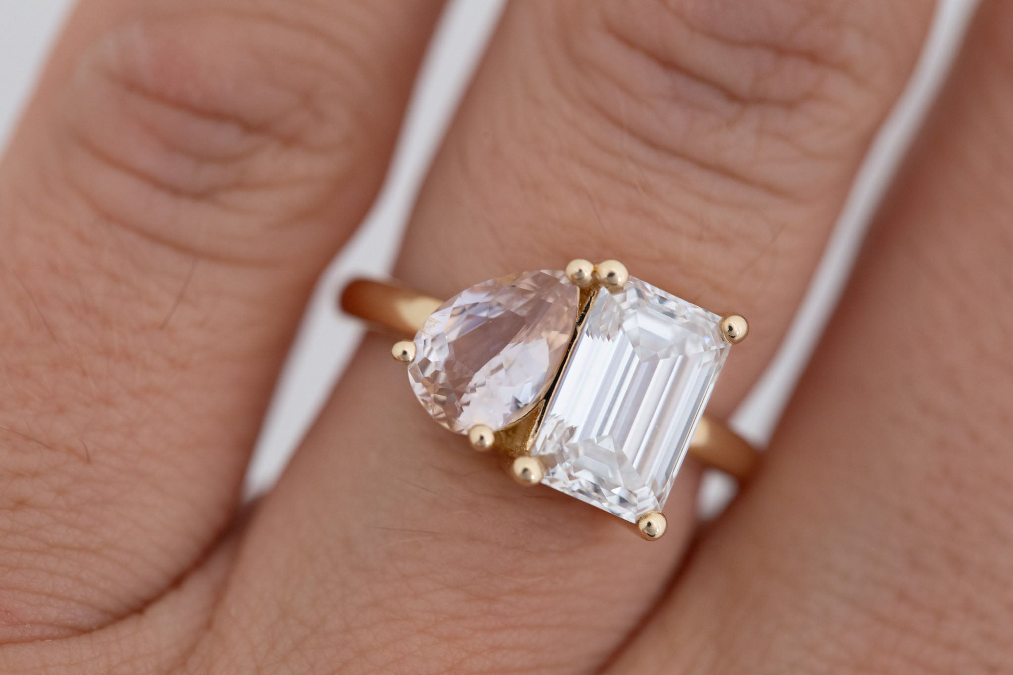 Liana Ring | Lab Emerald Cut Diamond + Pear Cut Peach Sapphire Engagement Ring 2.7 + 1.41 ct | 14k Recycled Gold | One of a Kind