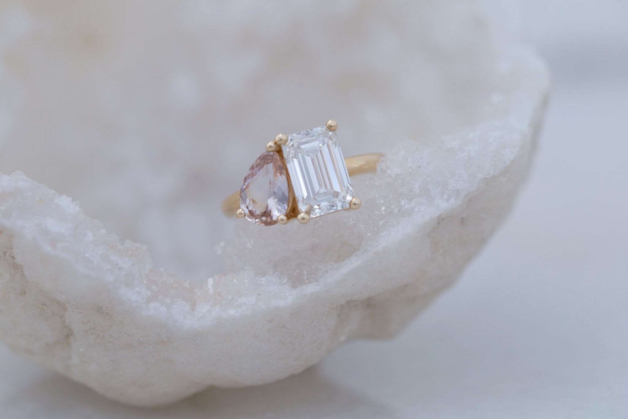 Liana Ring | Lab Emerald Cut Diamond + Pear Cut Peach Sapphire Engagement Ring 2.7 + 1.41 ct | 14k Recycled Gold | One of a Kind