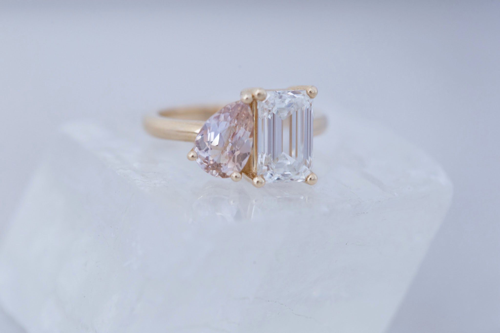 Liana Ring | Lab Emerald Cut Diamond + Pear Cut Peach Sapphire Engagement Ring 2.7 + 1.41 ct | 14k Recycled Gold | One of a Kind