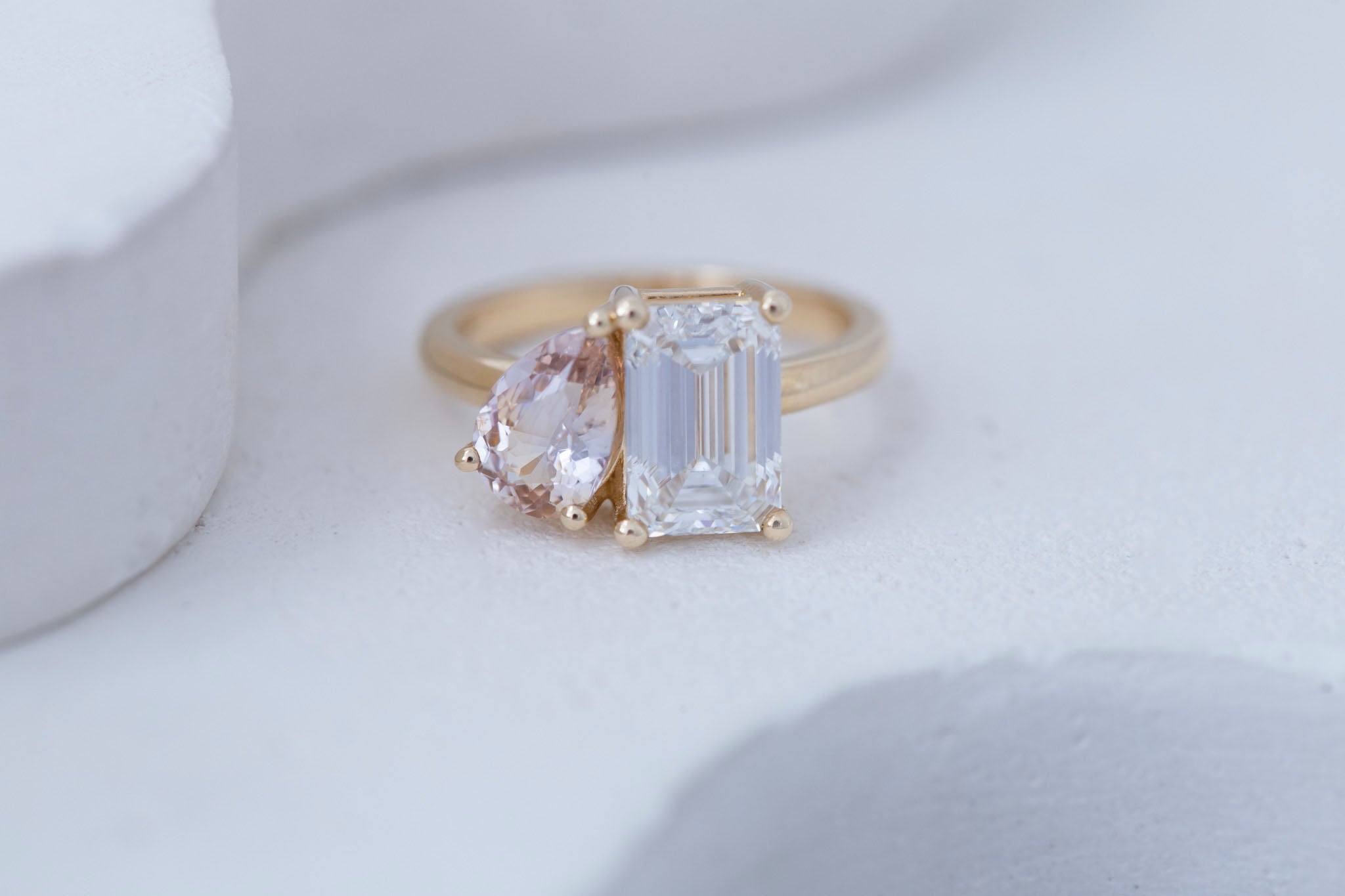 Liana Ring | Lab Emerald Cut Diamond + Pear Cut Peach Sapphire Engagement Ring 2.7 + 1.41 ct | 14k Recycled Gold | One of a Kind
