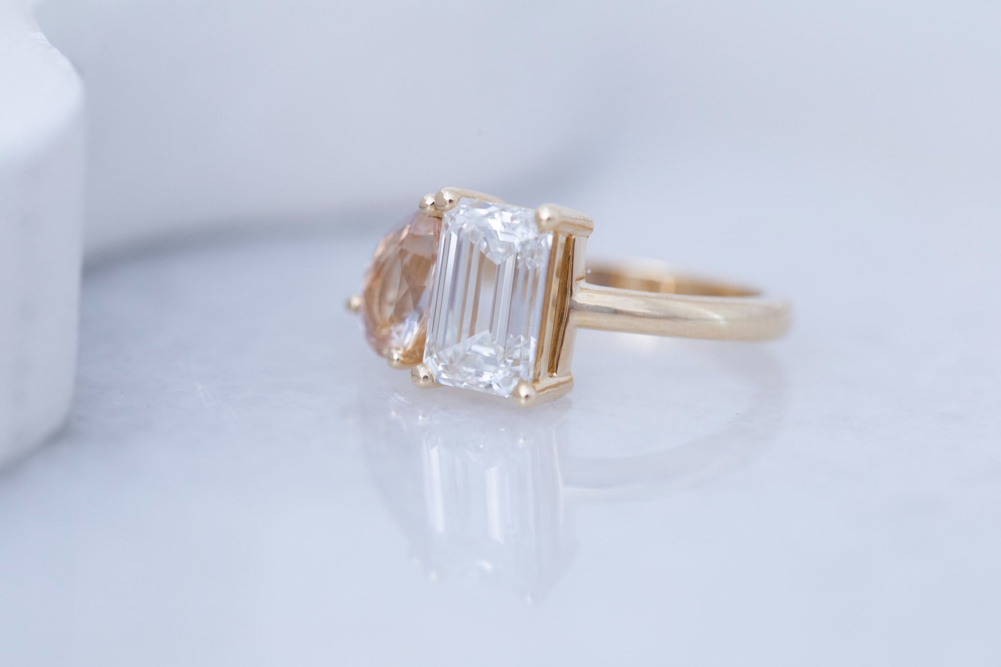 Liana Ring | Lab Emerald Cut Diamond + Pear Cut Peach Sapphire Engagement Ring 2.7 + 1.41 ct | 14k Recycled Gold | One of a Kind