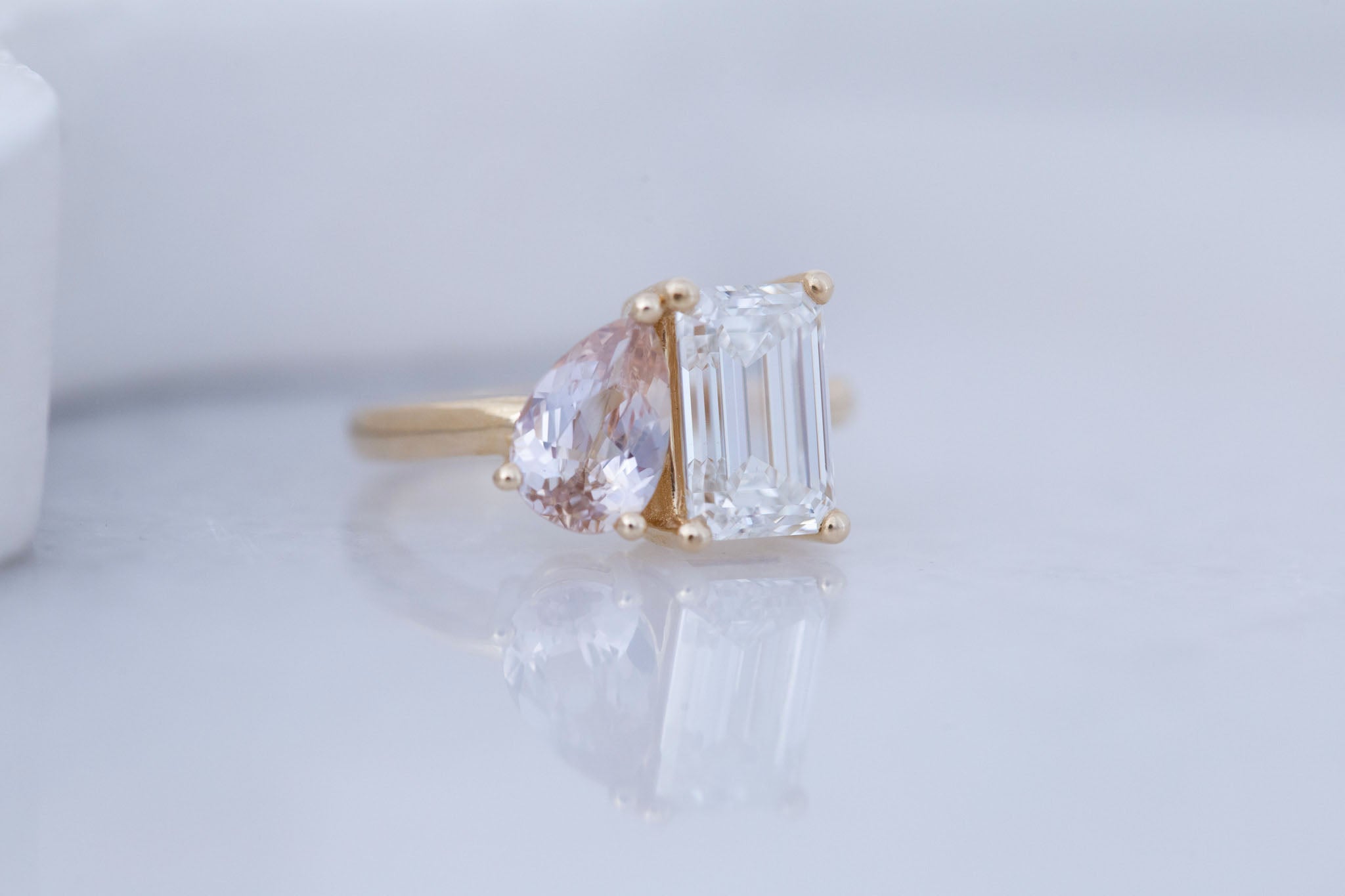 Liana Ring | Lab Emerald Cut Diamond + Pear Cut Peach Sapphire Engagement Ring 2.7 + 1.41 ct | 14k Recycled Gold | One of a Kind